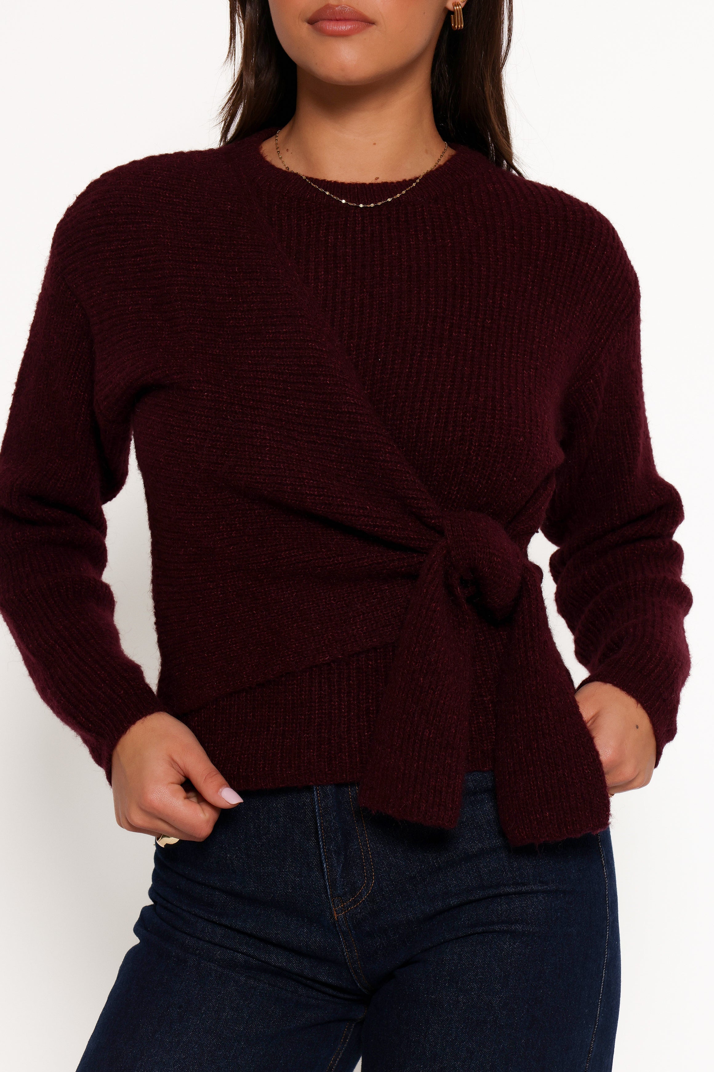 KNITWEAR Ettie Wrap Side Tie Knit Sweater - Burgundy