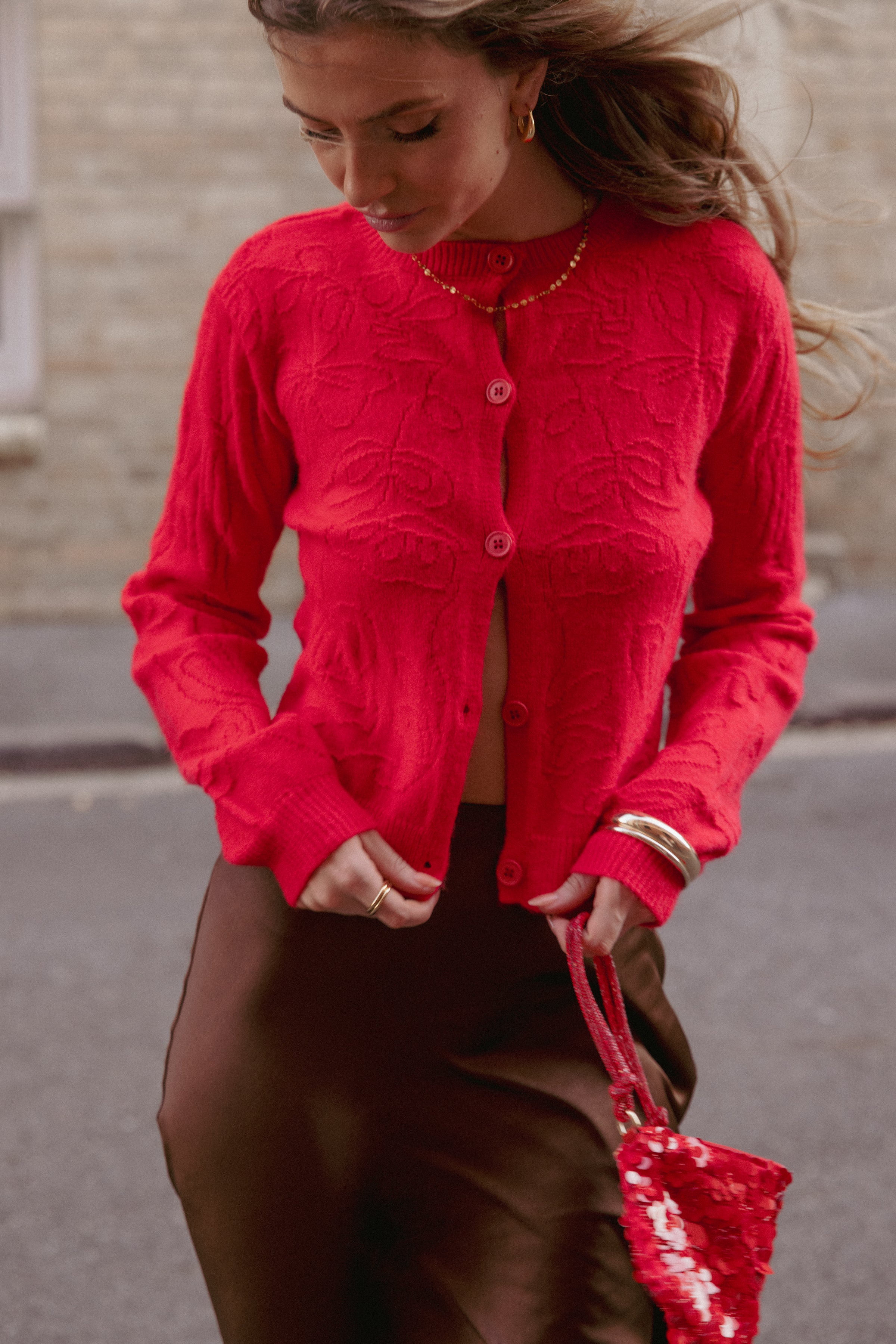 KNITWEAR Fauna Tonal Floral Cardigan - Red