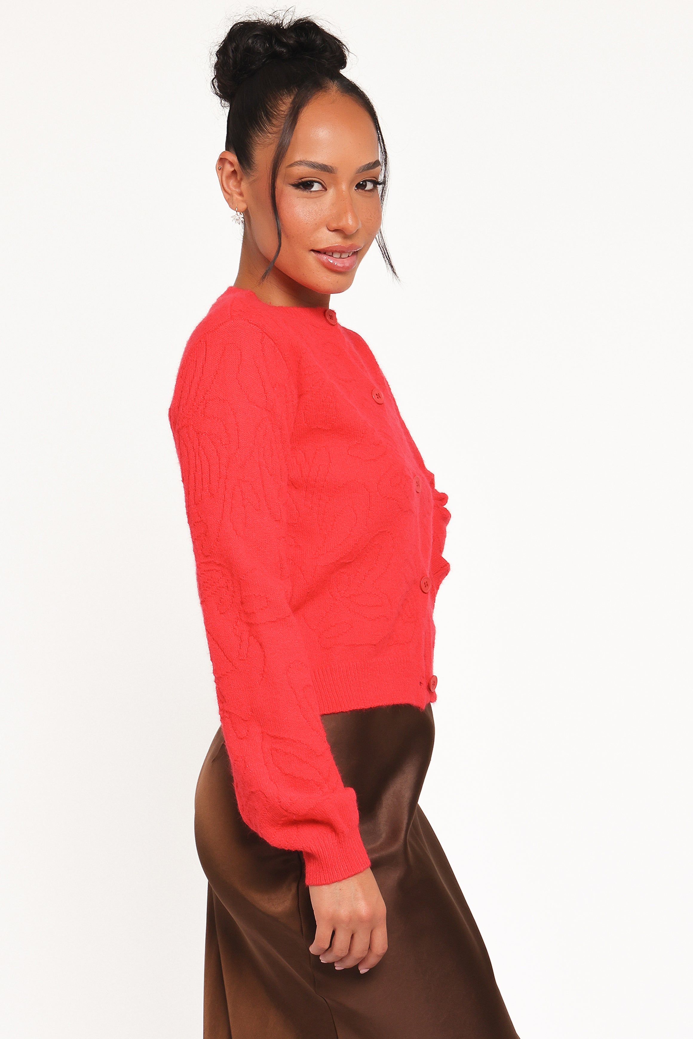KNITWEAR Fauna Tonal Floral Cardigan - Red