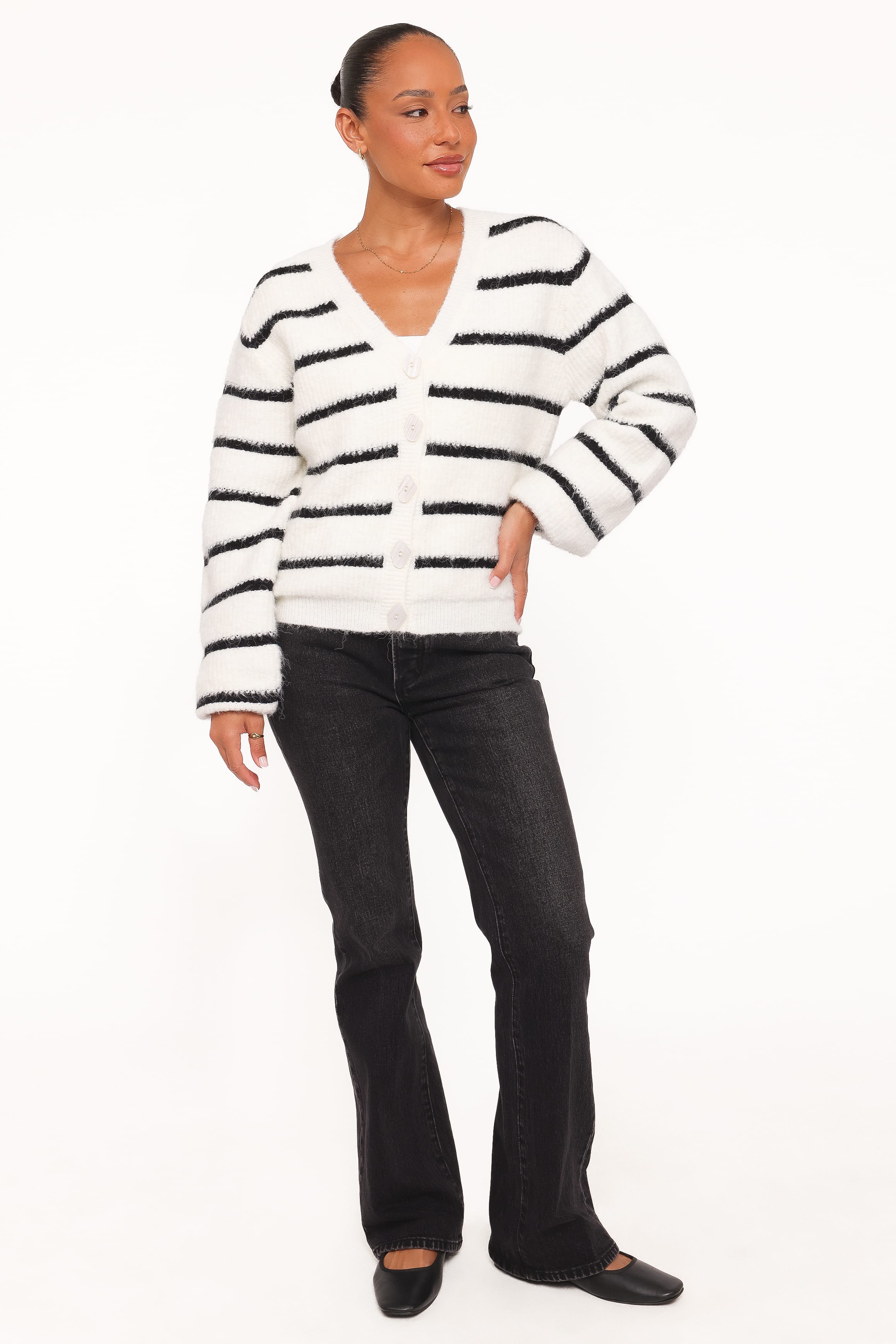KNITWEAR Frances Button Front Cardigan - Ivory Stripe