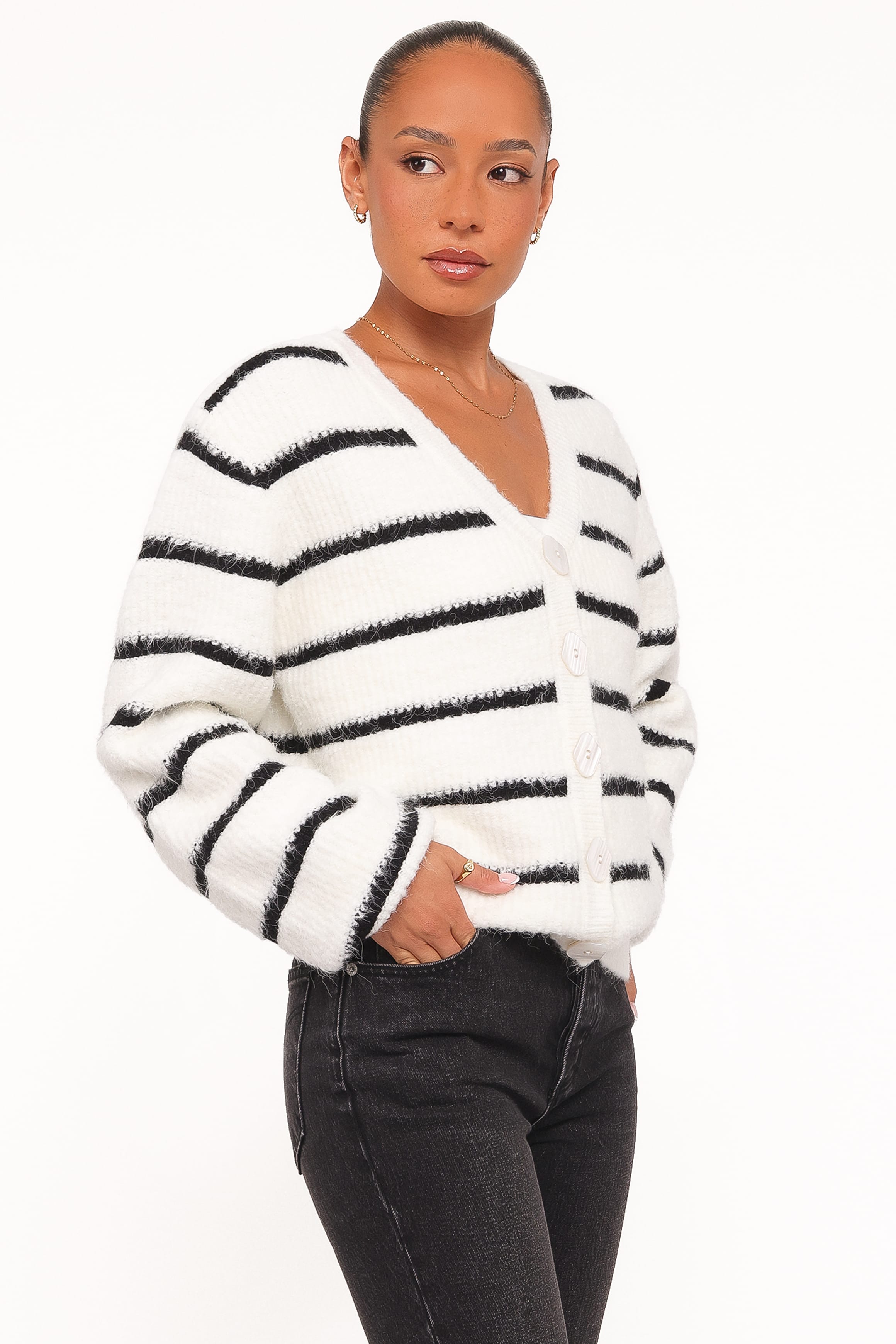 KNITWEAR Frances Button Front Cardigan - Ivory Stripe