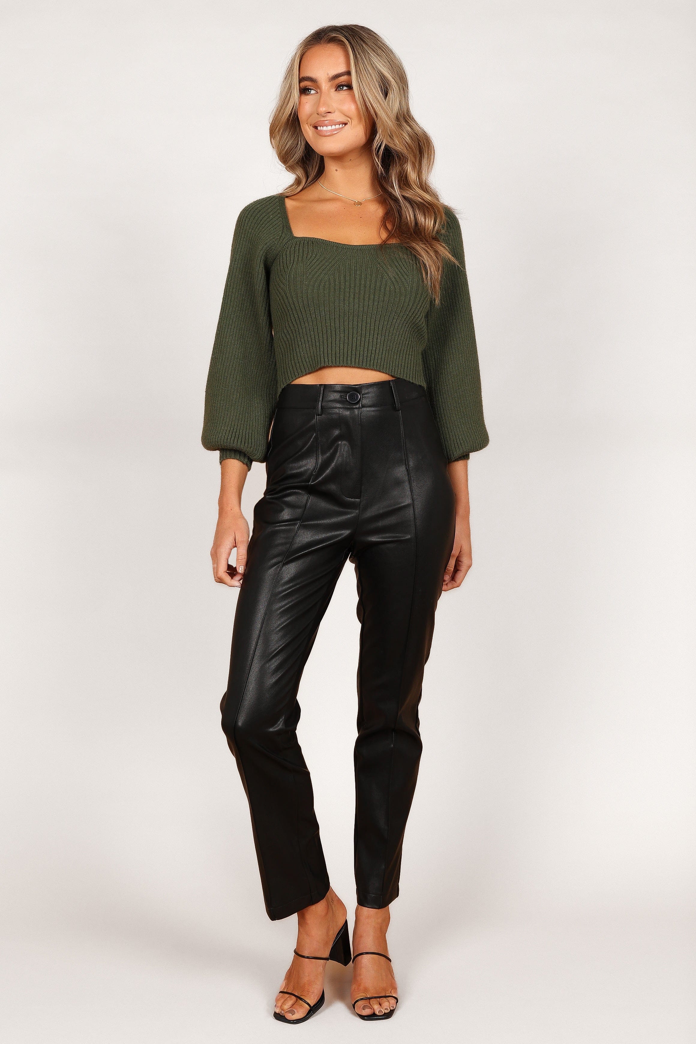 KNITWEAR Gia Sweetheart Neck Bell Sleeve Knit Sweater - Olive