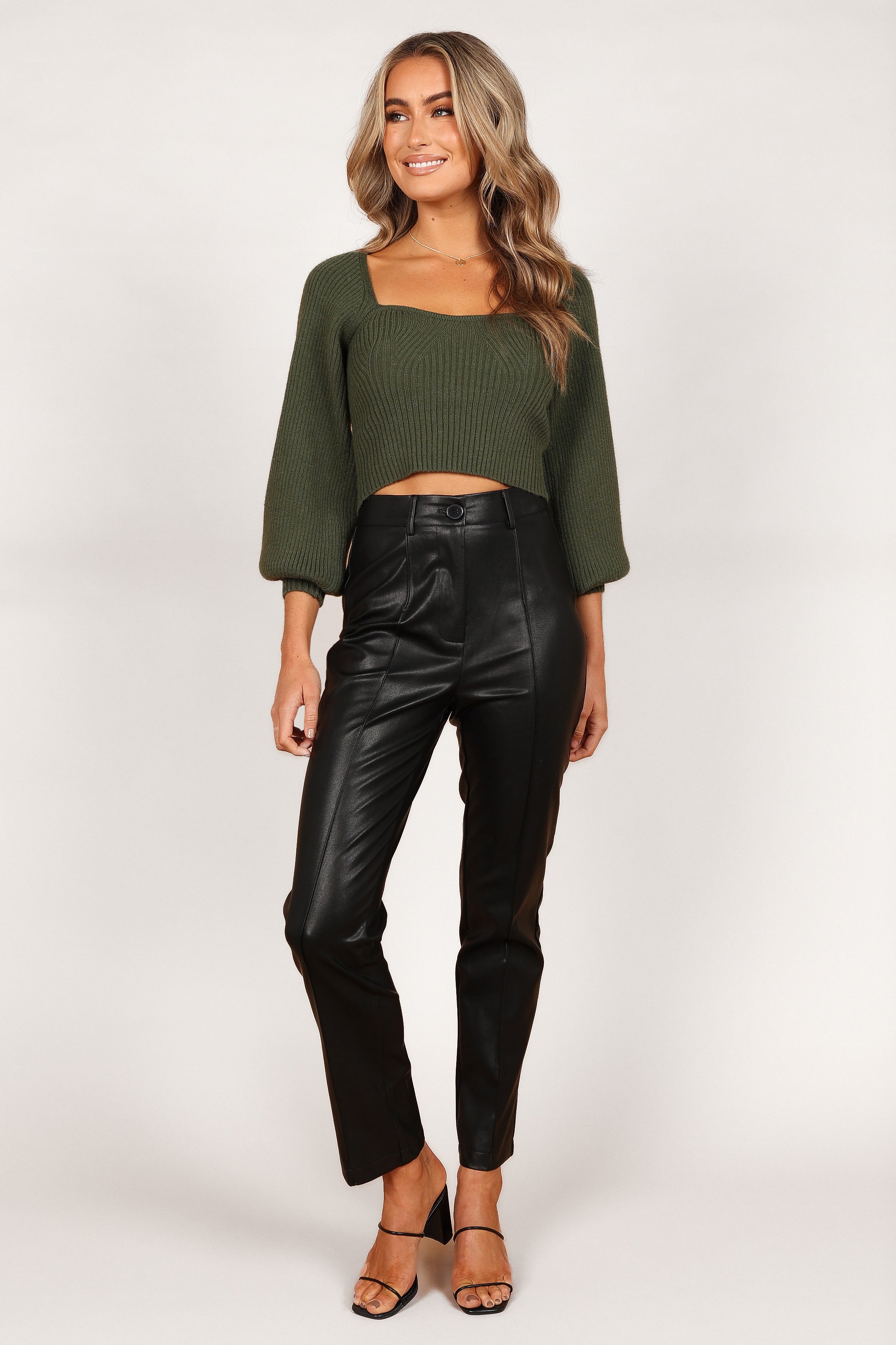 KNITWEAR Gia Sweetheart Neck Bell Sleeve Knit Sweater - Olive