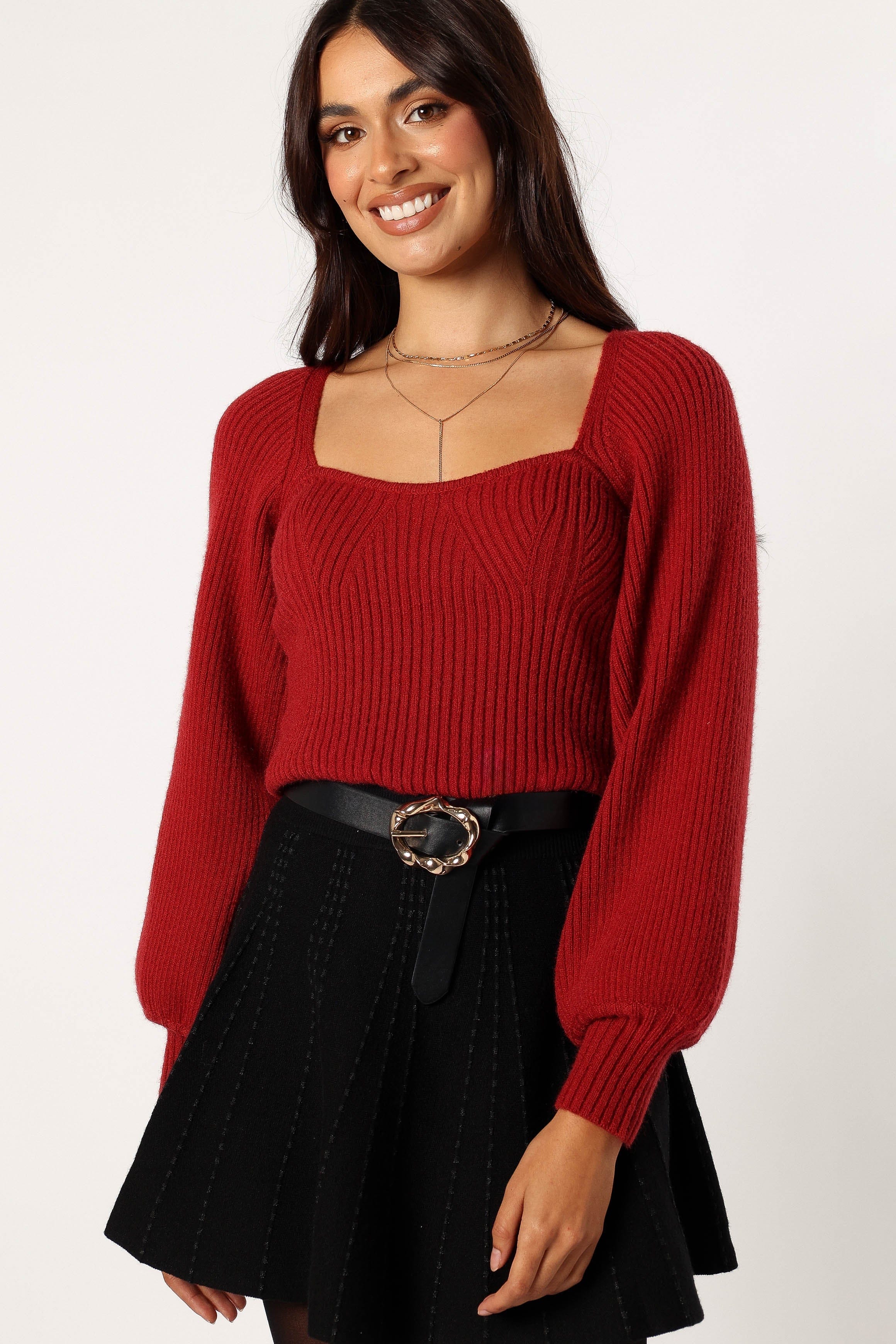 KNITWEAR Gia Sweetheart Neck Bell Sleeve Knit Sweater - Wine