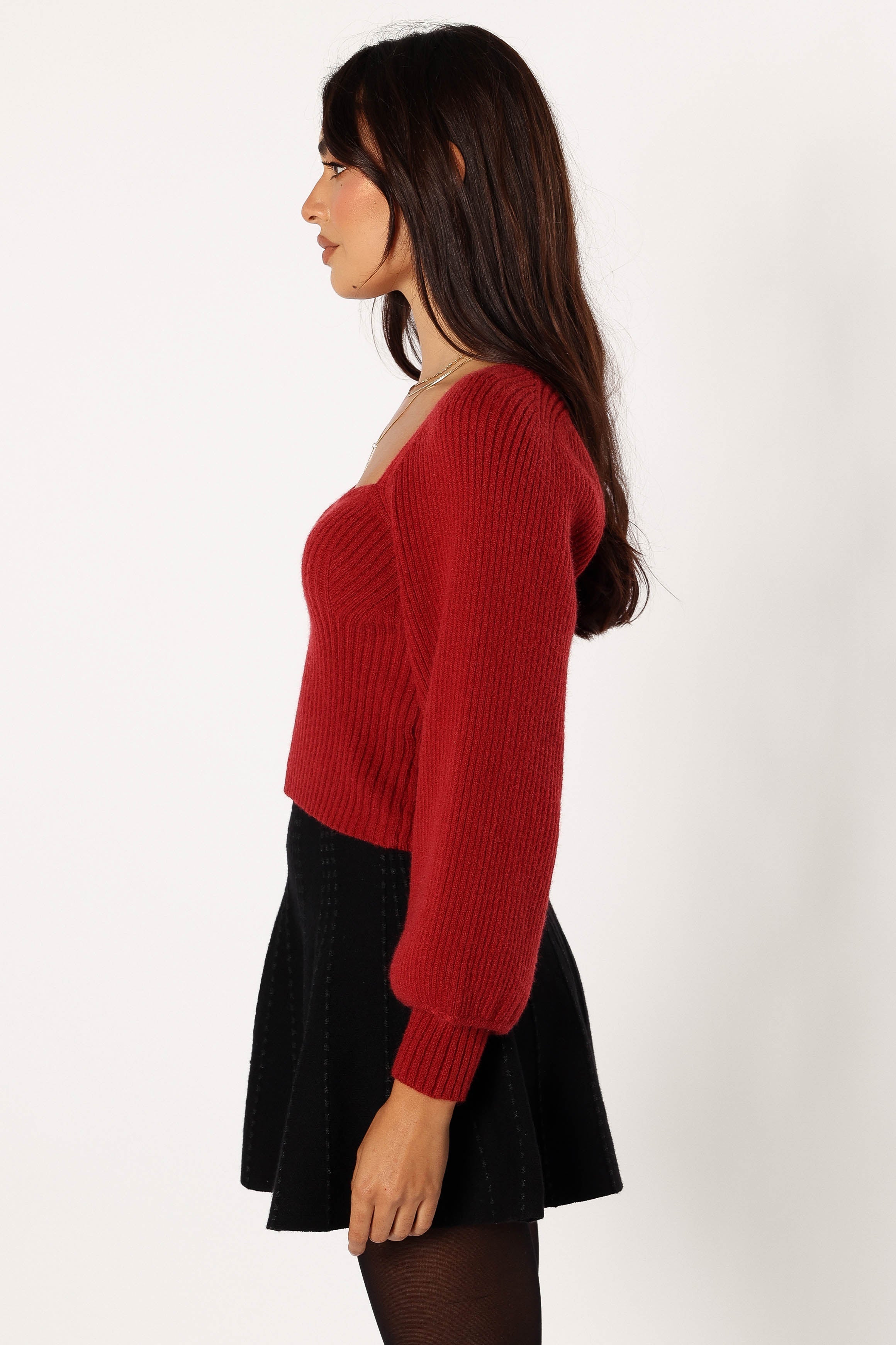 KNITWEAR @Gia Sweetheart Neck Bell Sleeve Knit Sweater - Wine