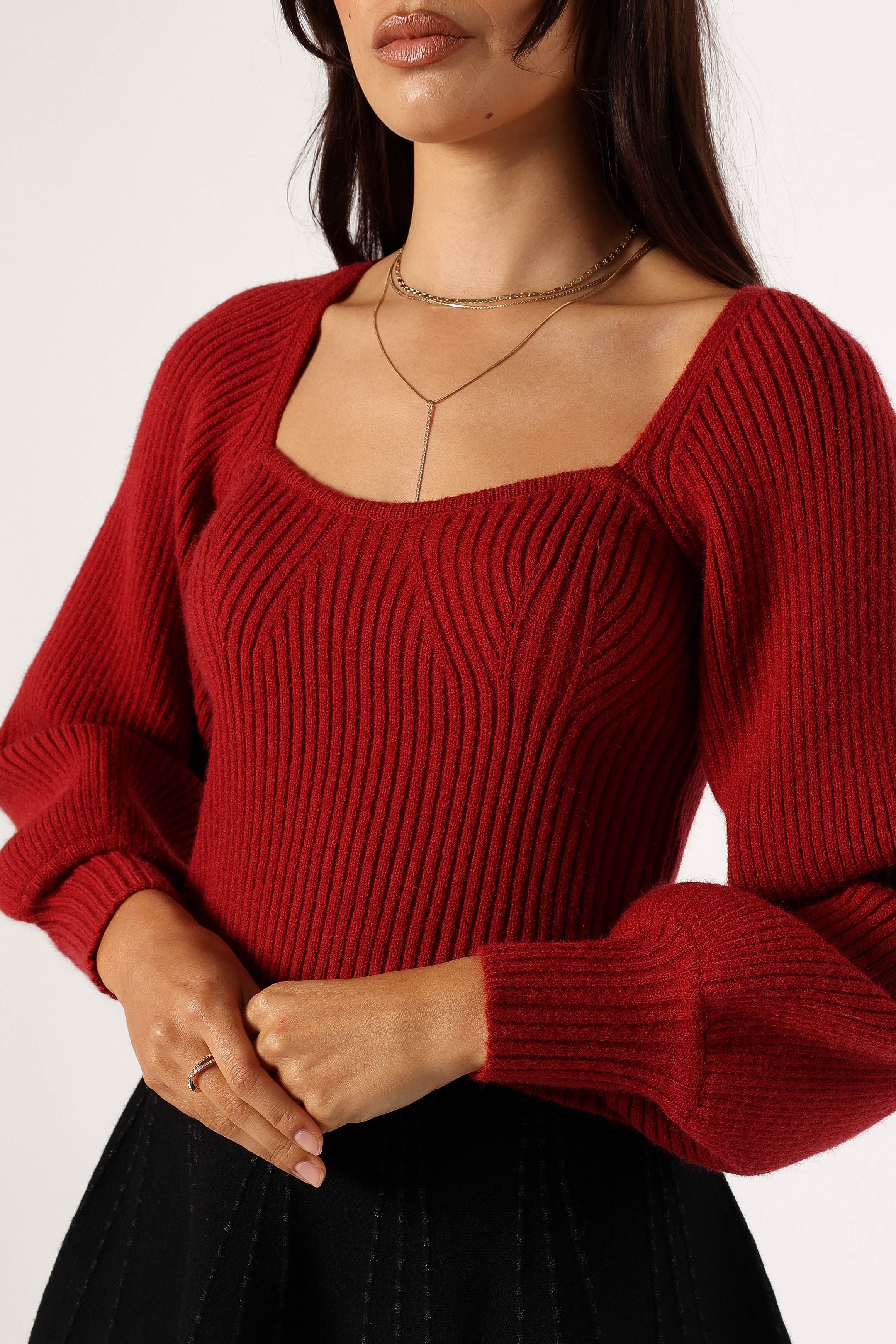 KNITWEAR @Gia Sweetheart Neck Bell Sleeve Knit Sweater - Wine