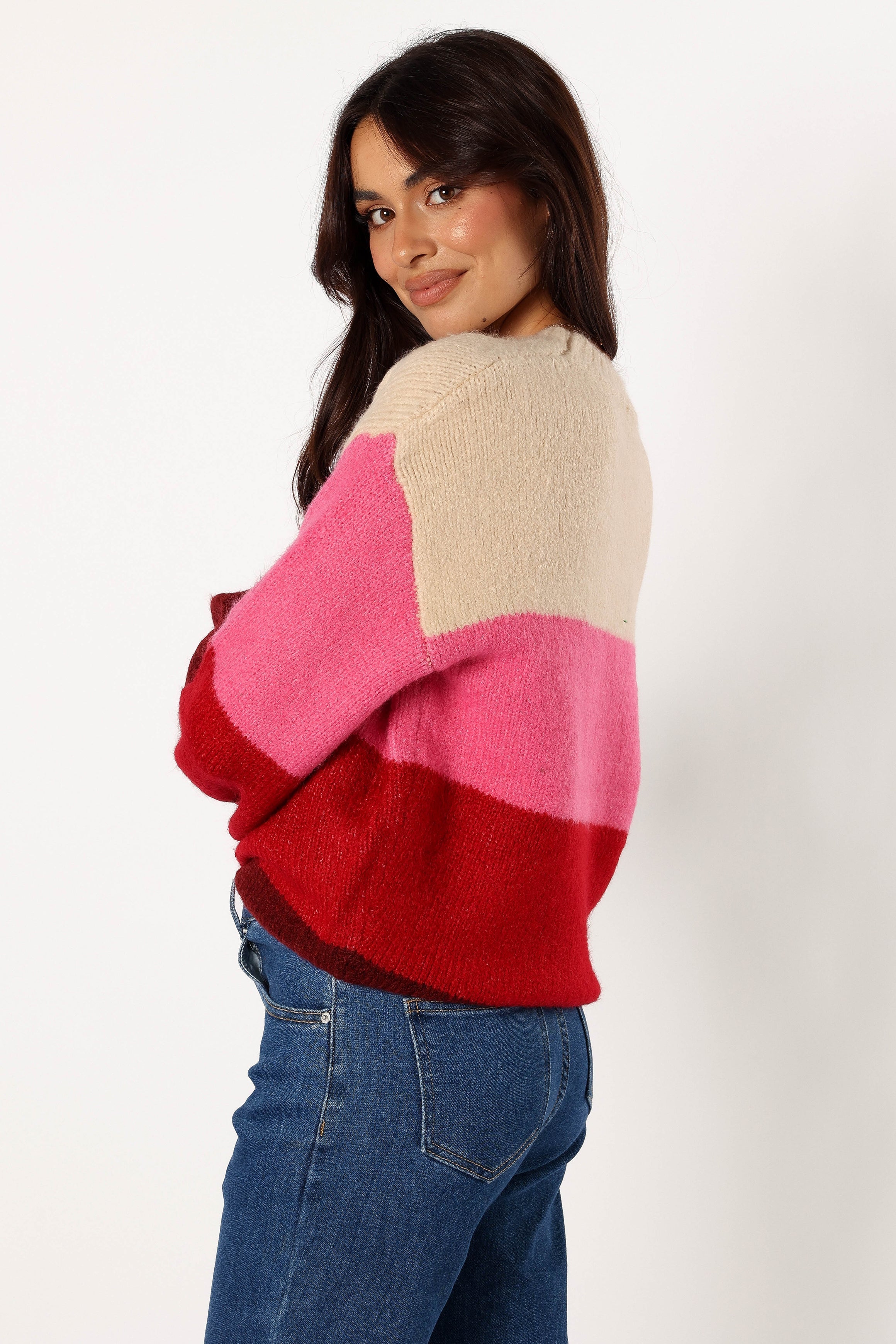 KNITWEAR @Giovanna Crewneck Multi Stripe Knit Sweater - Berry