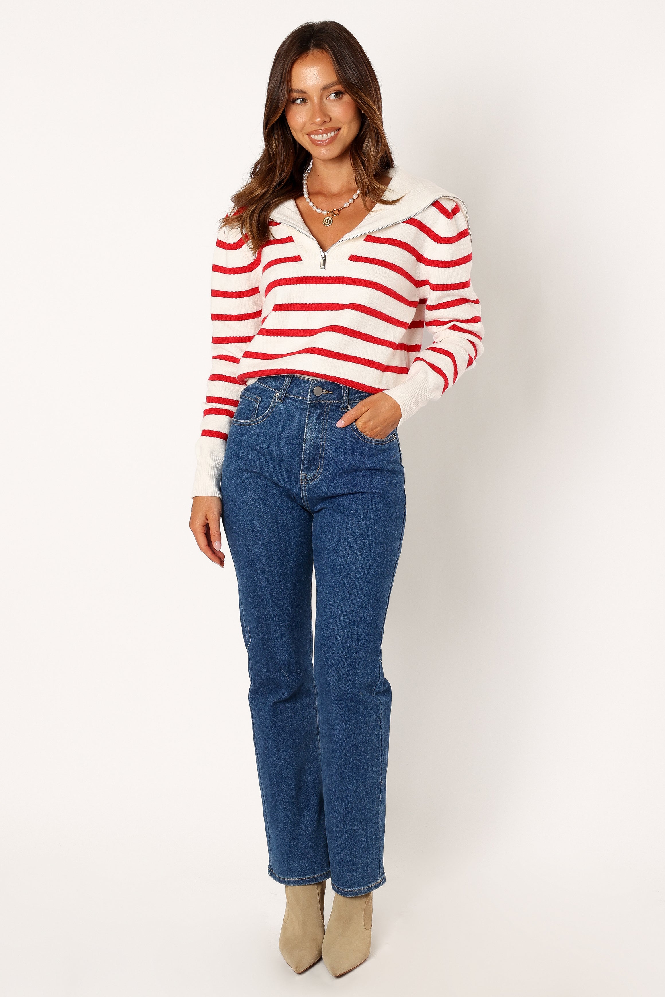 KNITWEAR @Guinevere Striped Quarter Zip - White Red