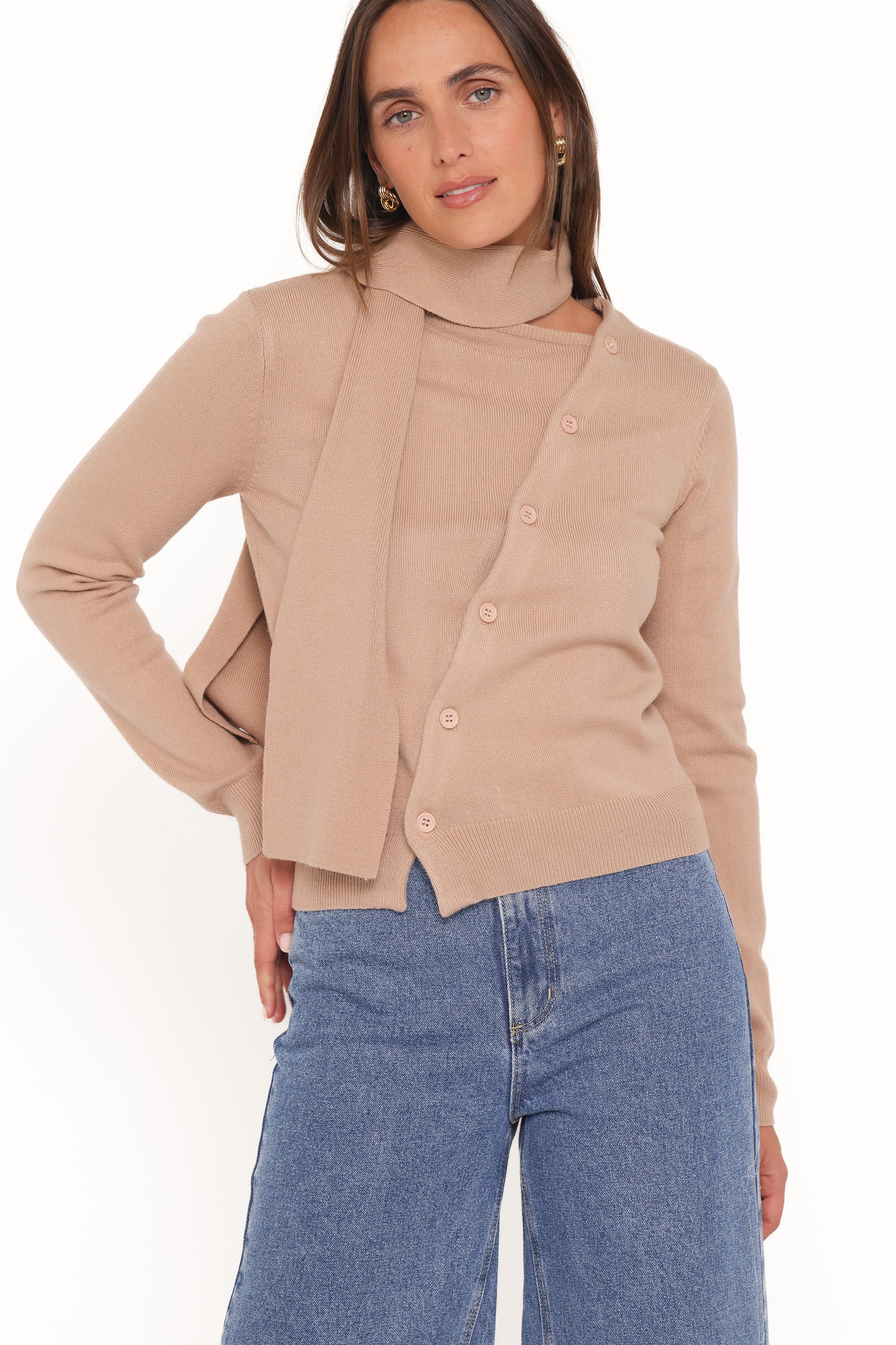 KNITWEAR Gunhild Asymmetrical Scarf Cardigan - Beige