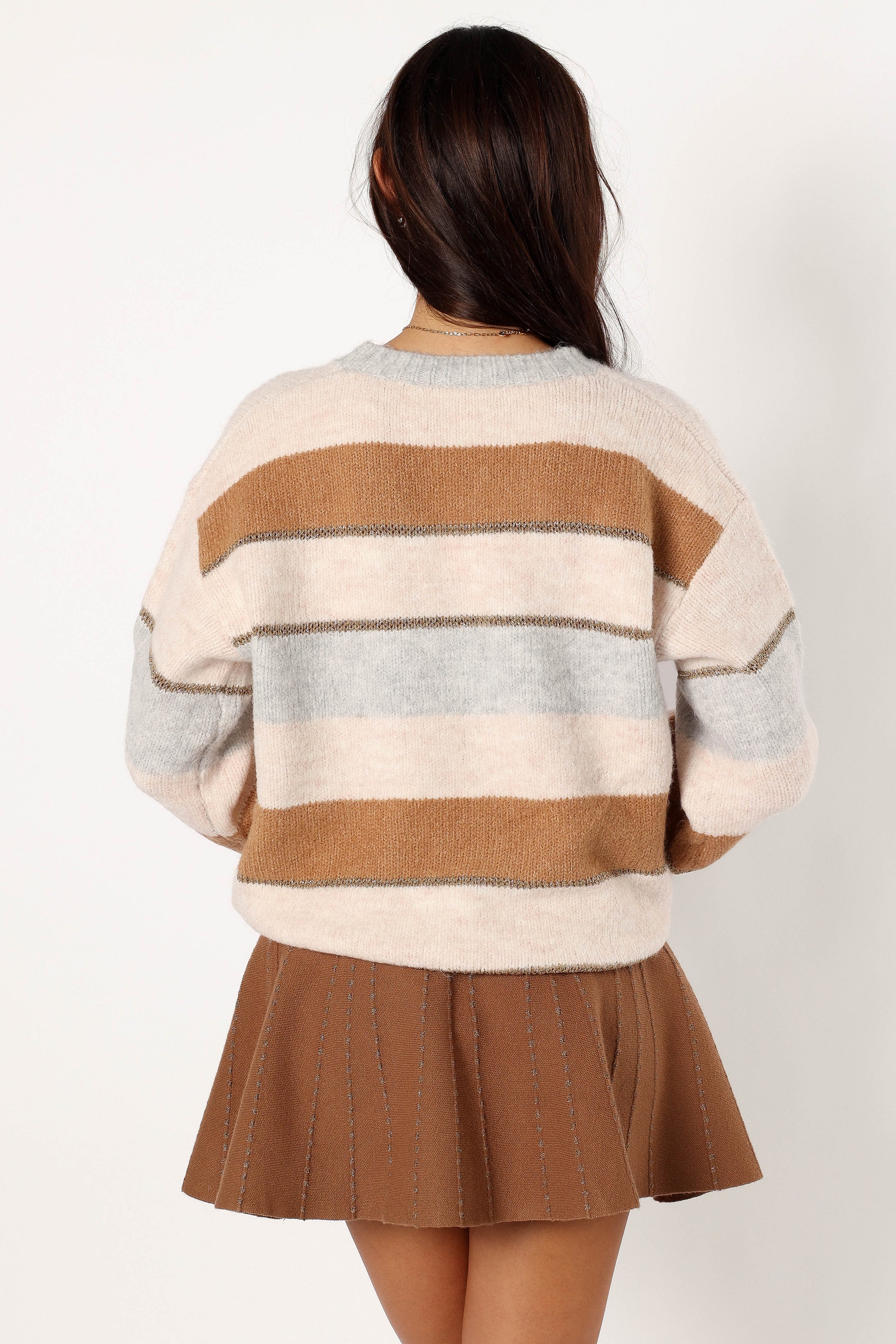 KNITWEAR @Hadleigh Shimmer Multi Stripe Knit Sweater - Cream/Camel