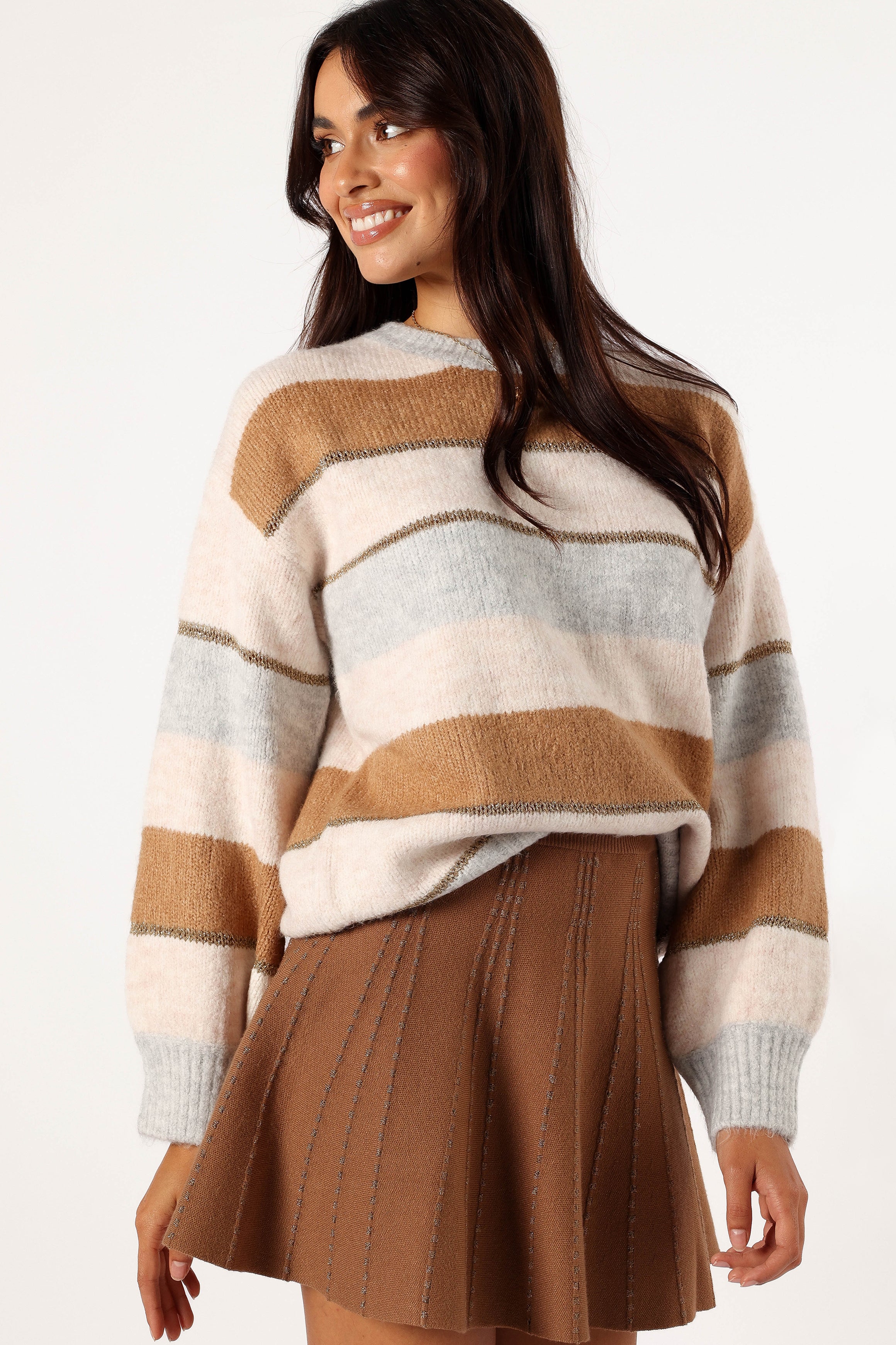 KNITWEAR @Hadleigh Shimmer Multi Stripe Knit Sweater - Cream/Camel