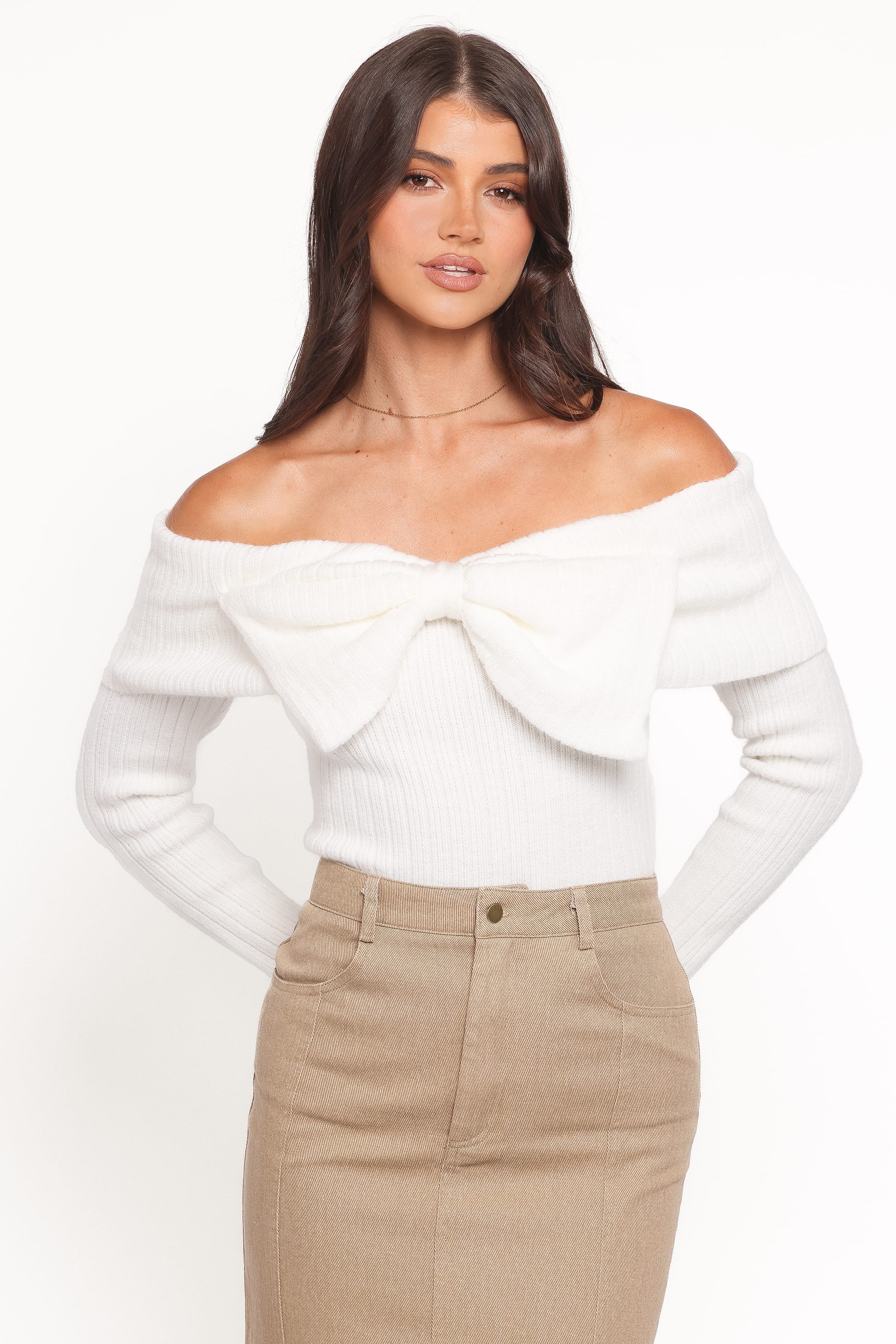 KNITWEAR Helene Bow Off Shoulder Knit Sweater - Ivory