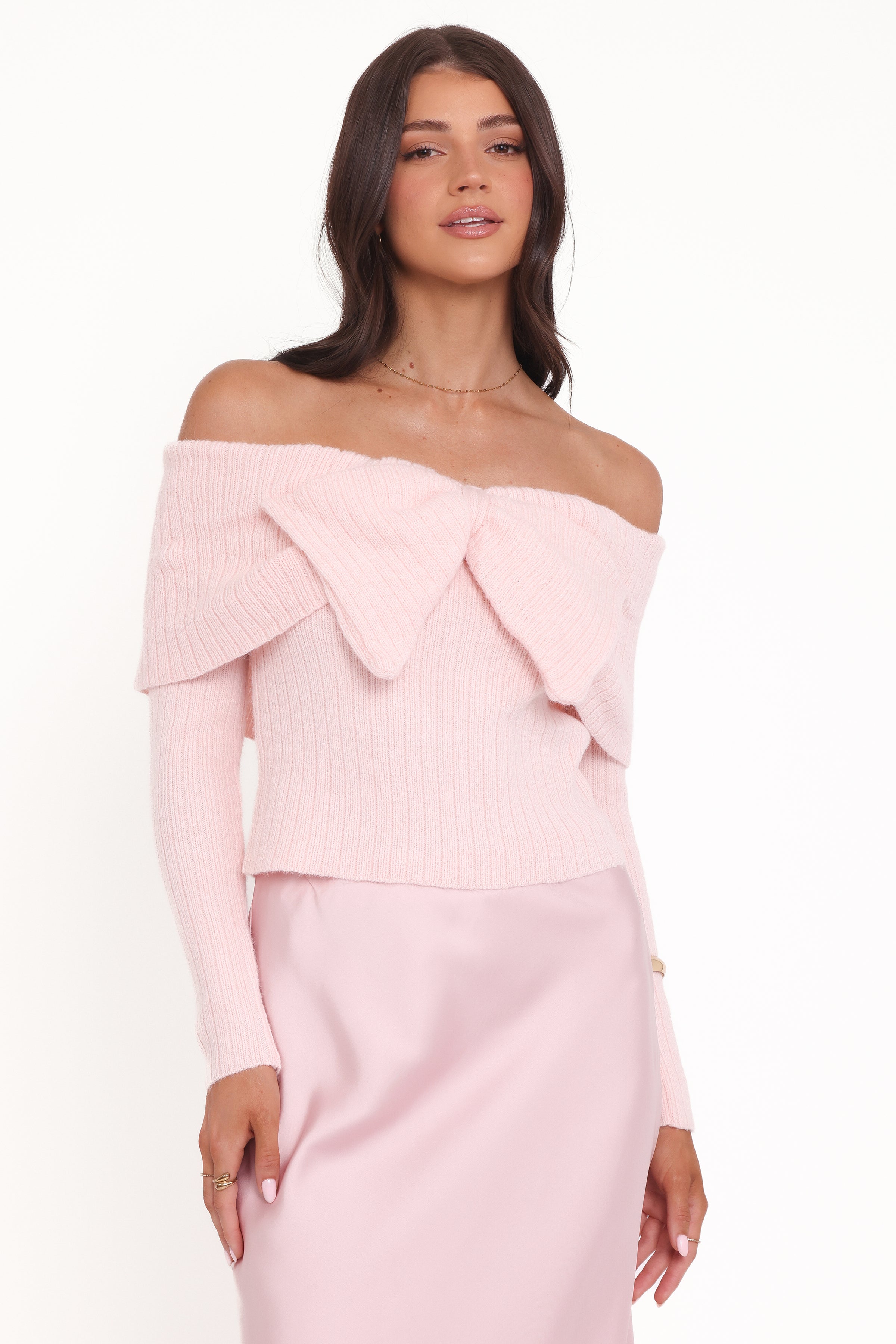 KNITWEAR Helene Bow Off Shoulder Knit Sweater - Pink