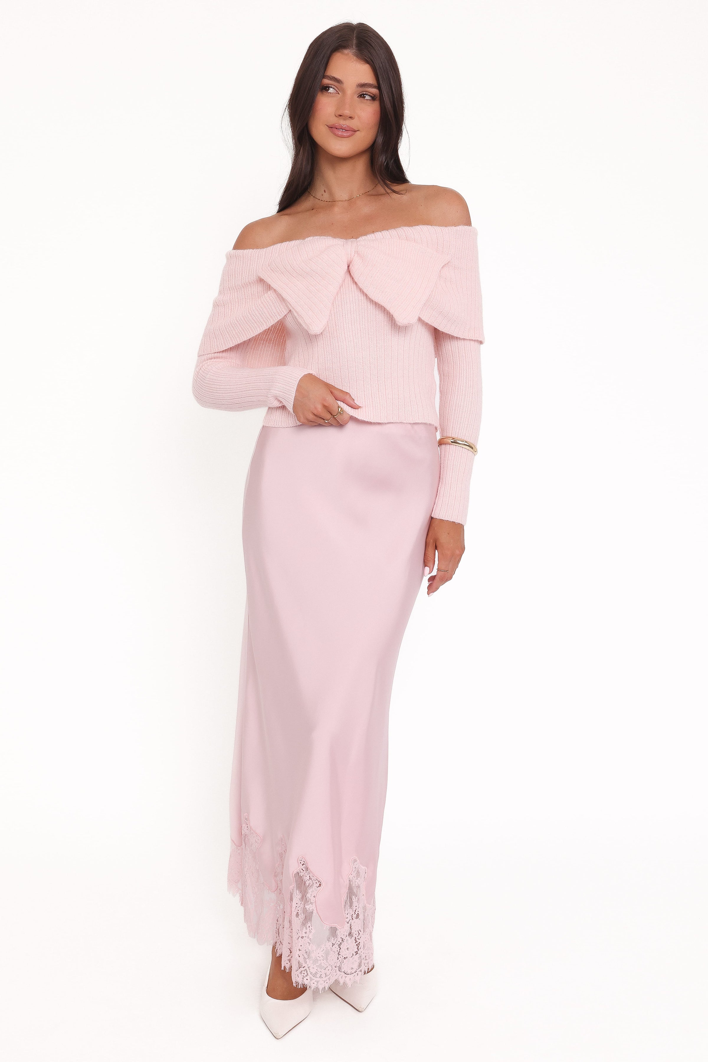 KNITWEAR Helene Bow Off Shoulder Knit Sweater - Pink