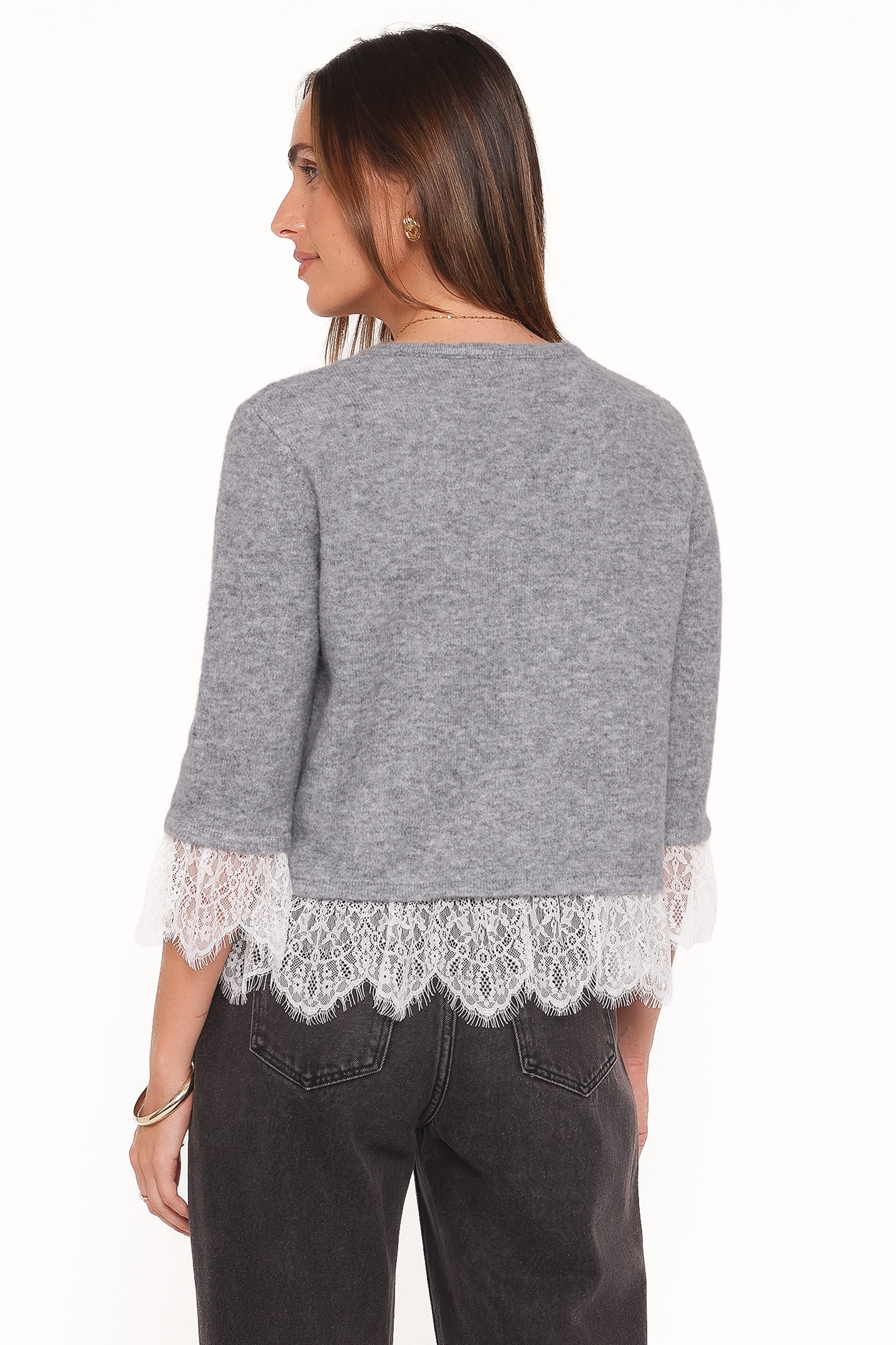KNITWEAR Helga Lace Trim Cardigan - Grey