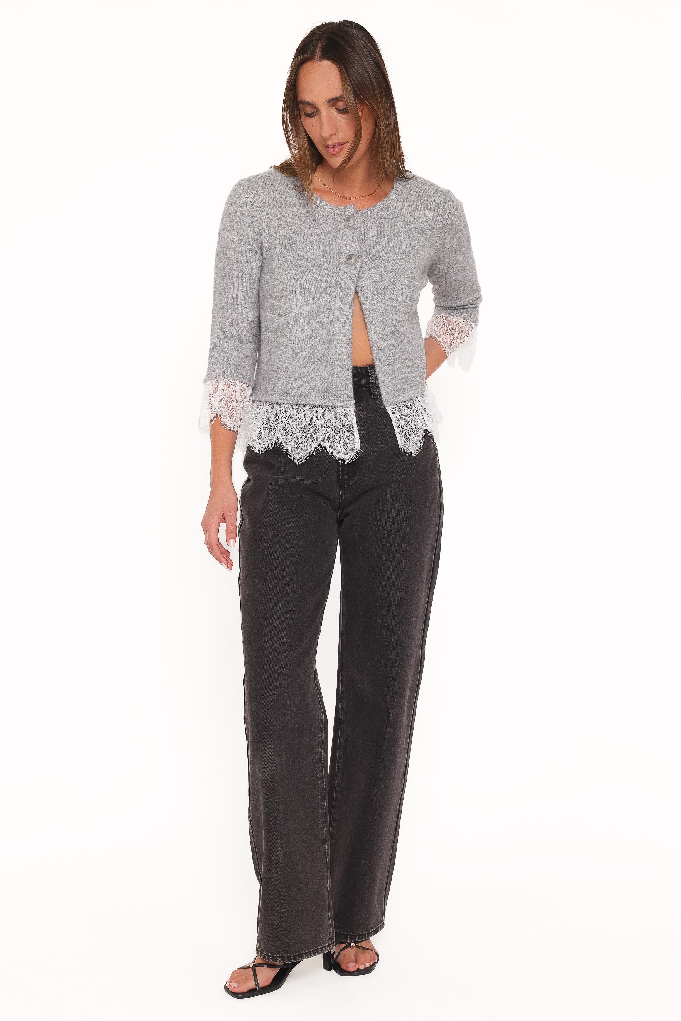 KNITWEAR Helga Lace Trim Cardigan - Grey