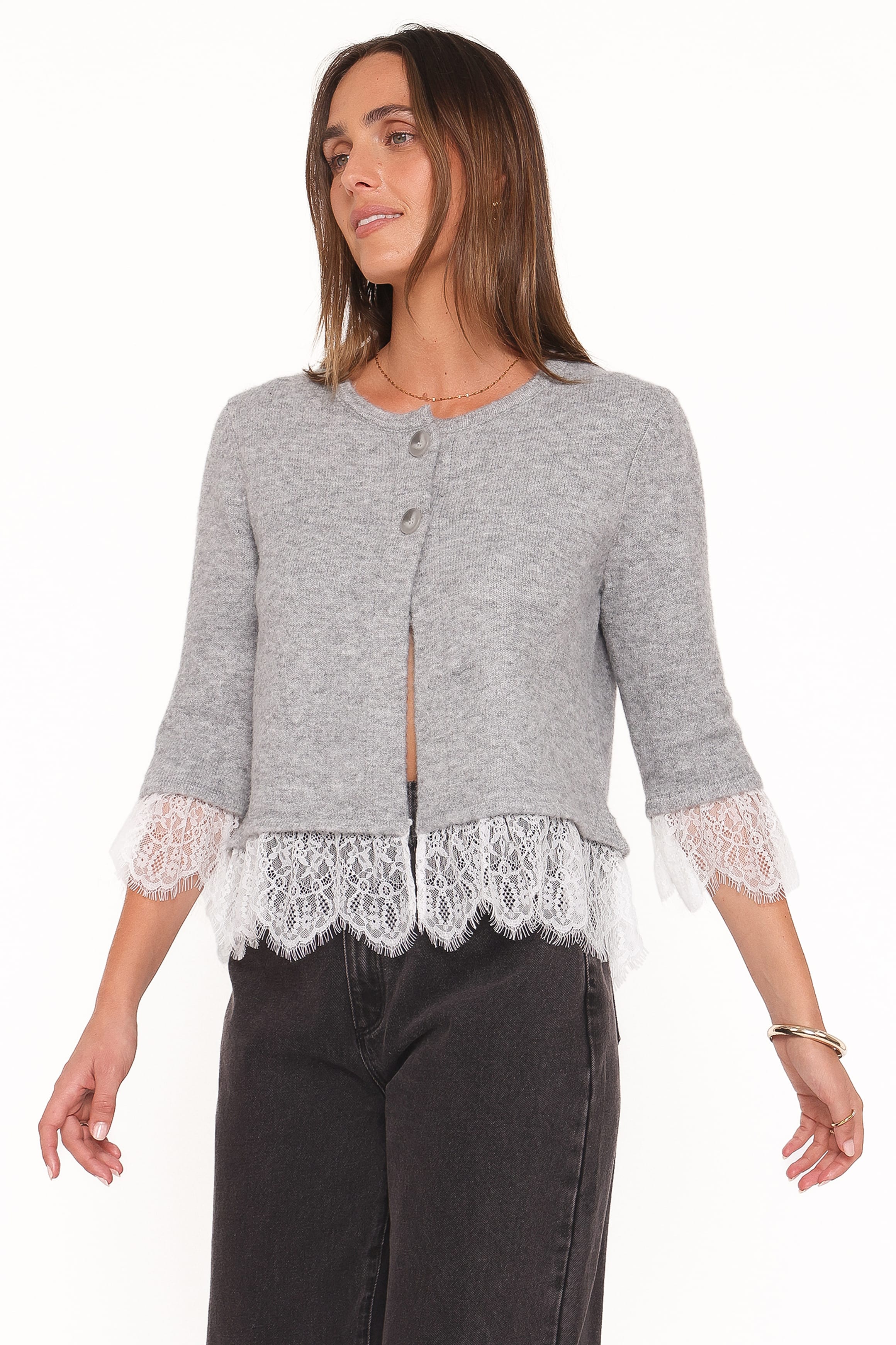 KNITWEAR Helga Lace Trim Cardigan - Grey