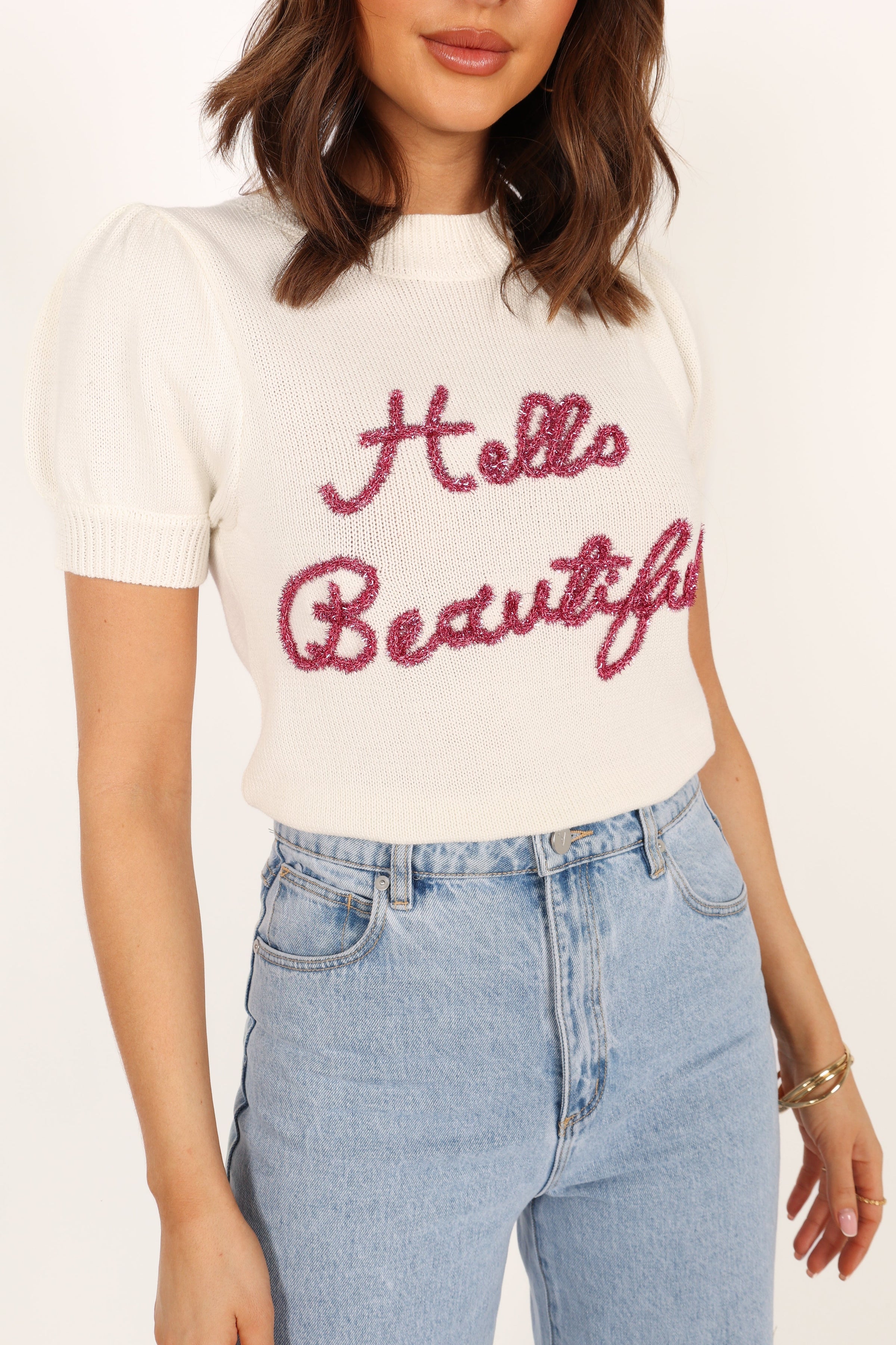 KNITWEAR @Hello Beautiful Short Sleeve Knit Sweater - White