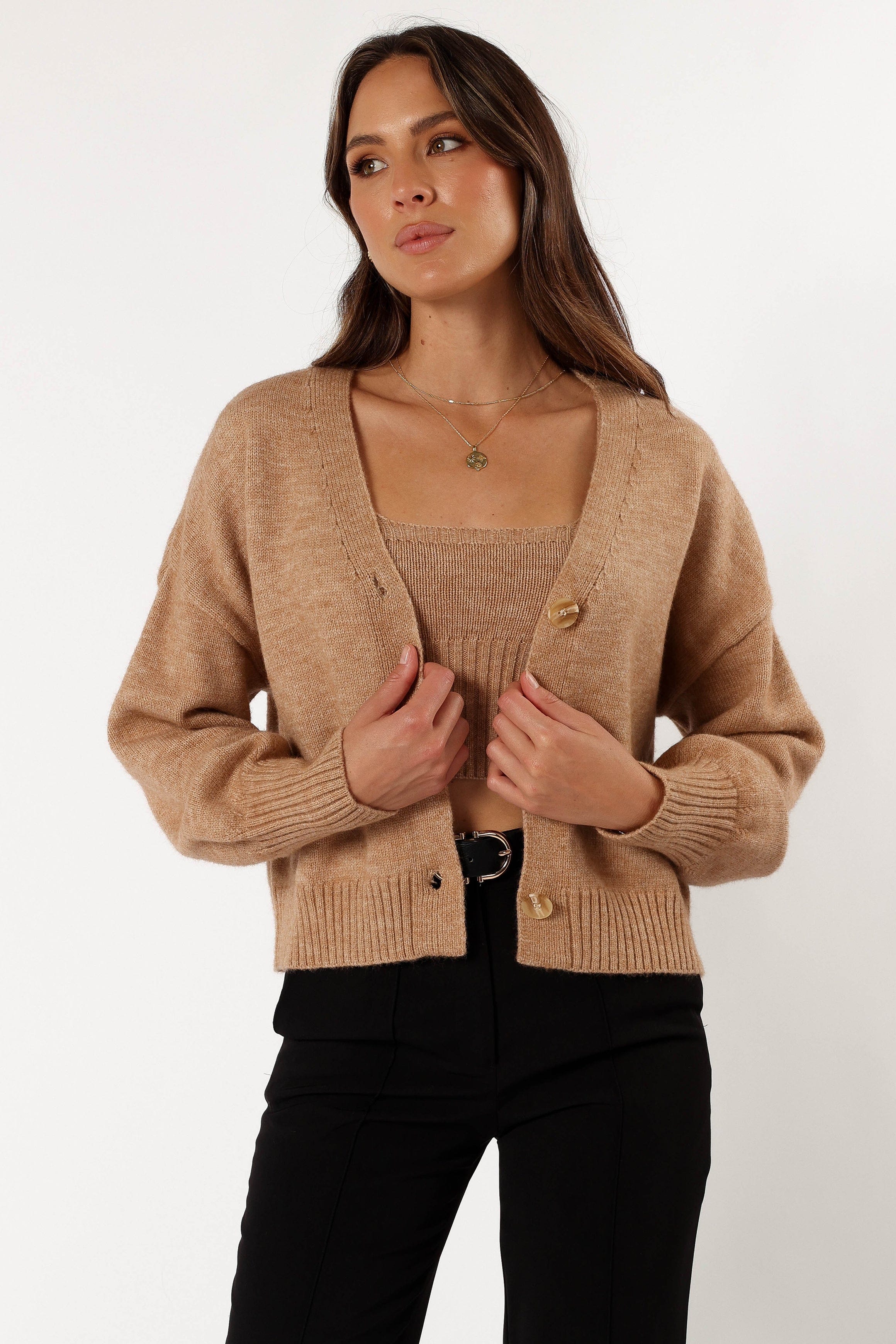 KNITWEAR Isabel Button Front Cardigan - Beige
