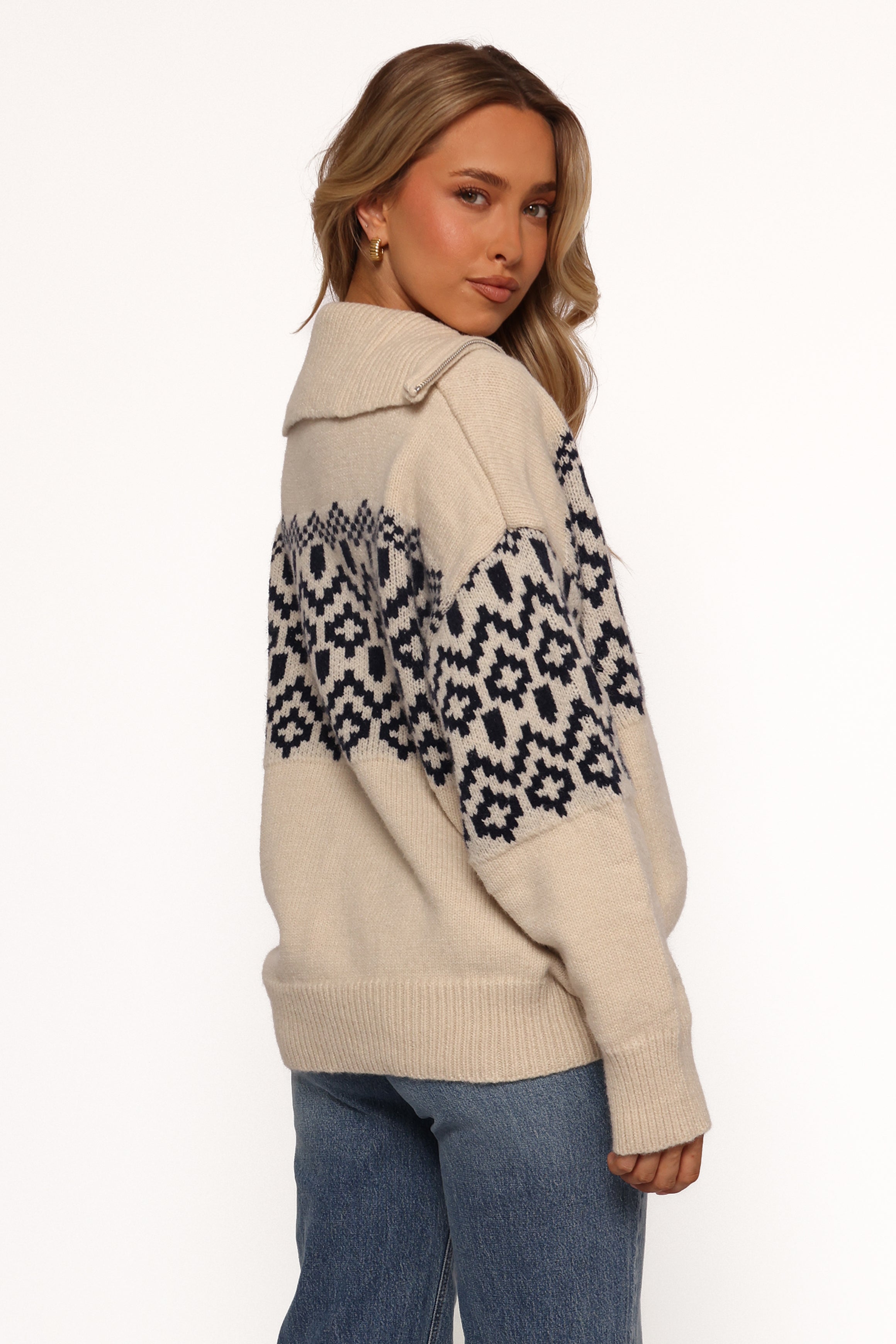 KNITWEAR Jethro Quarter Zip Fairisle Knit Sweater - Cream/Navy