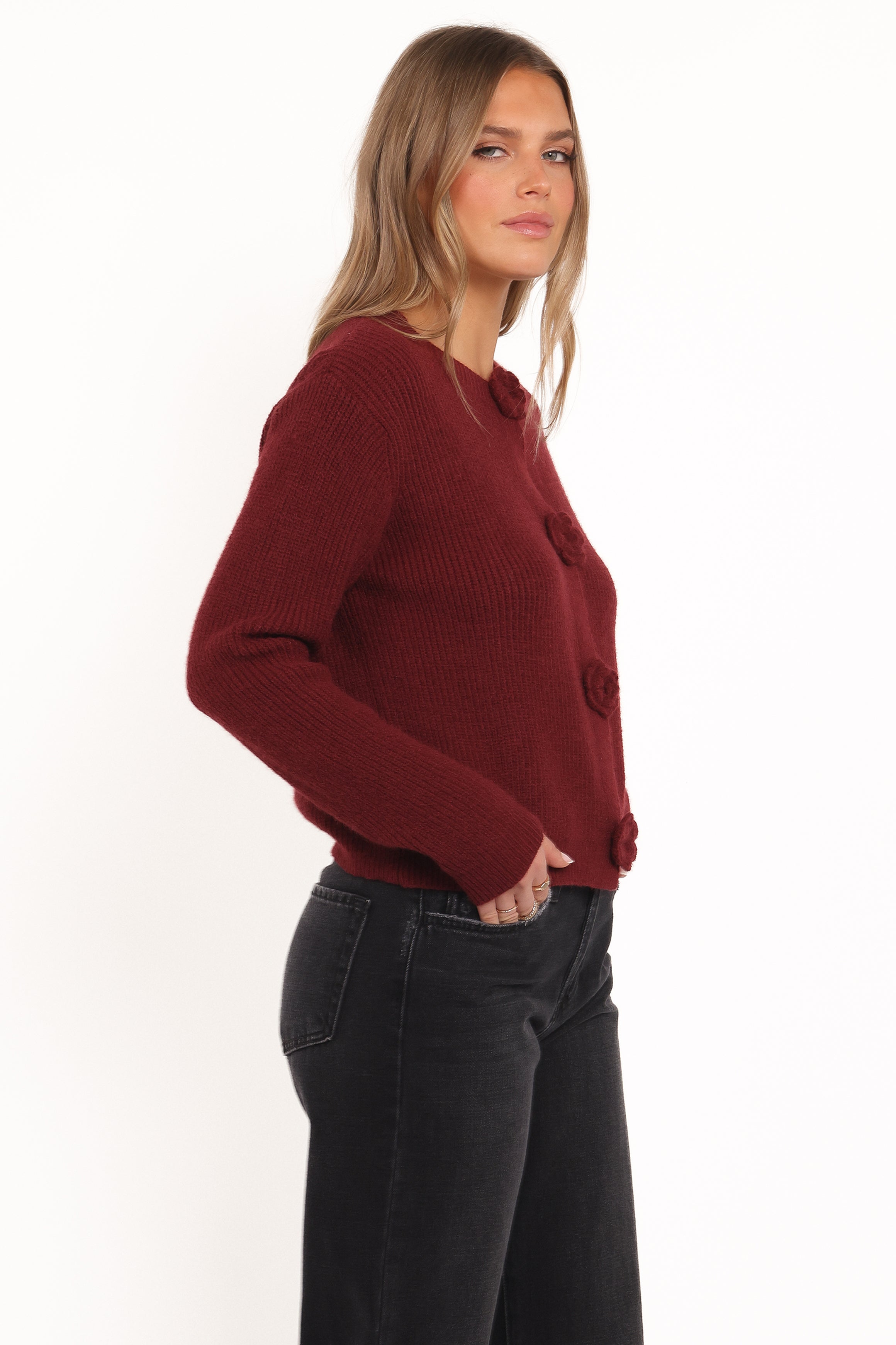 KNITWEAR Jones Rosette Cardigan - Burgundy