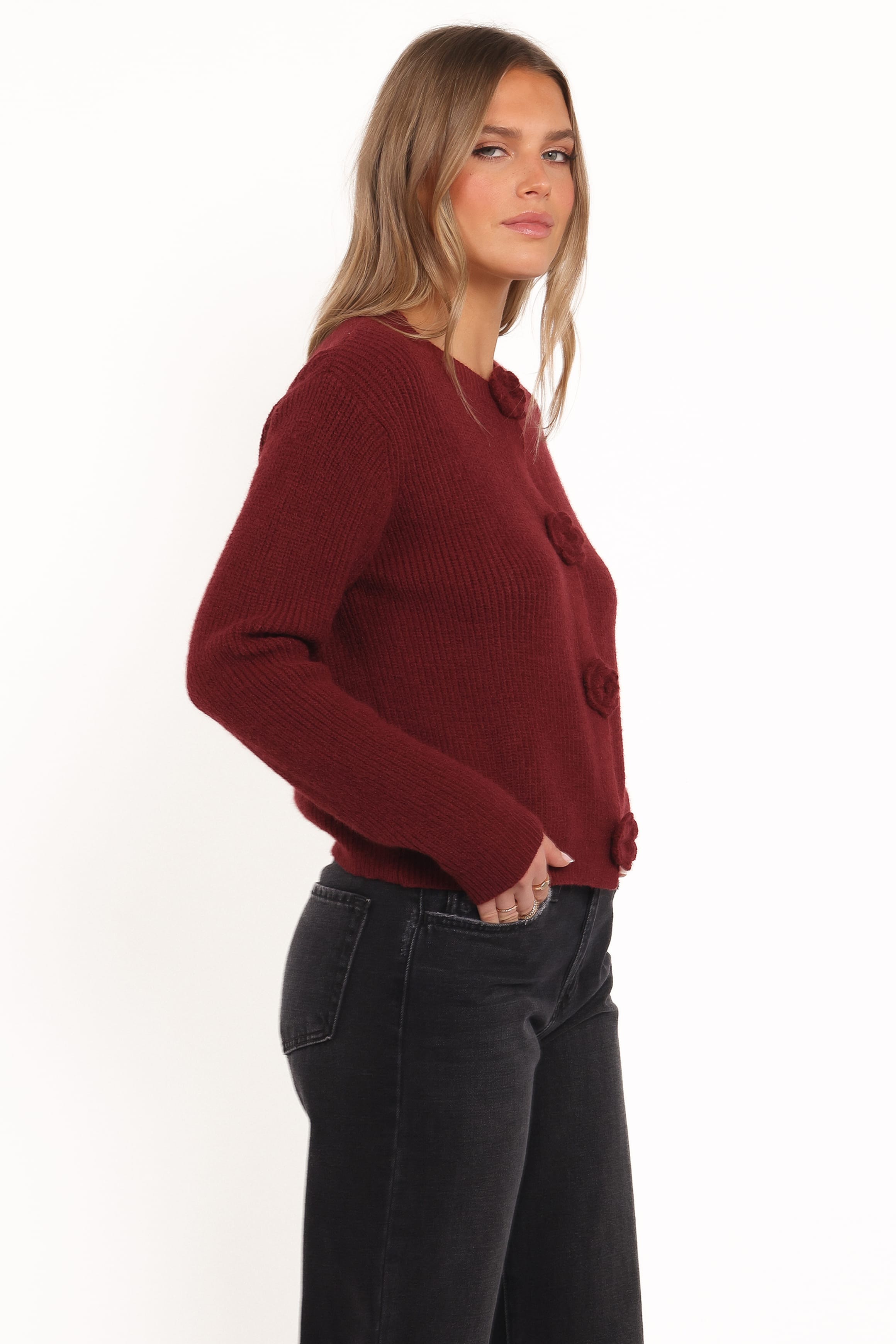 KNITWEAR Jones Rosette Cardigan - Burgundy
