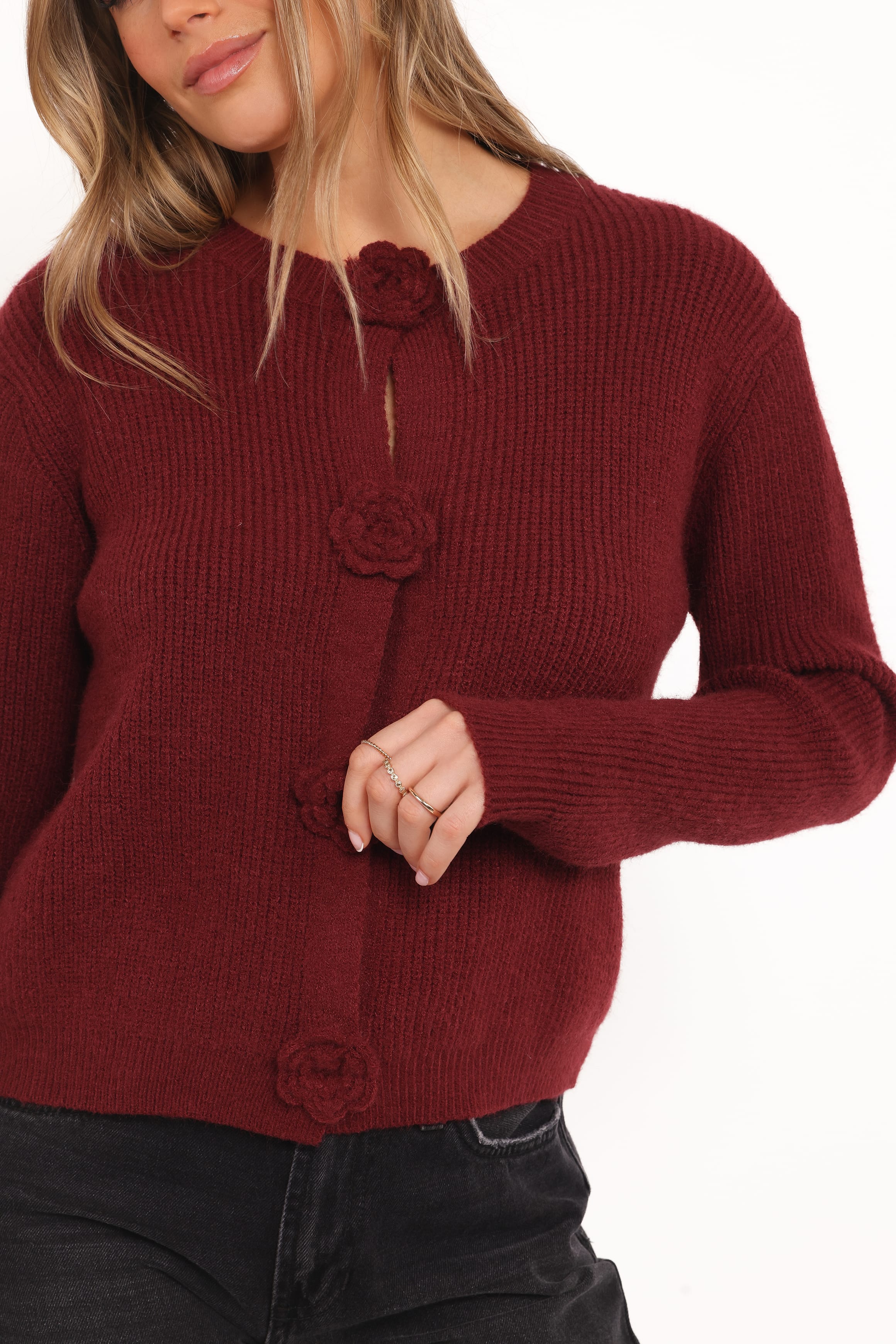 KNITWEAR Jones Rosette Cardigan - Burgundy