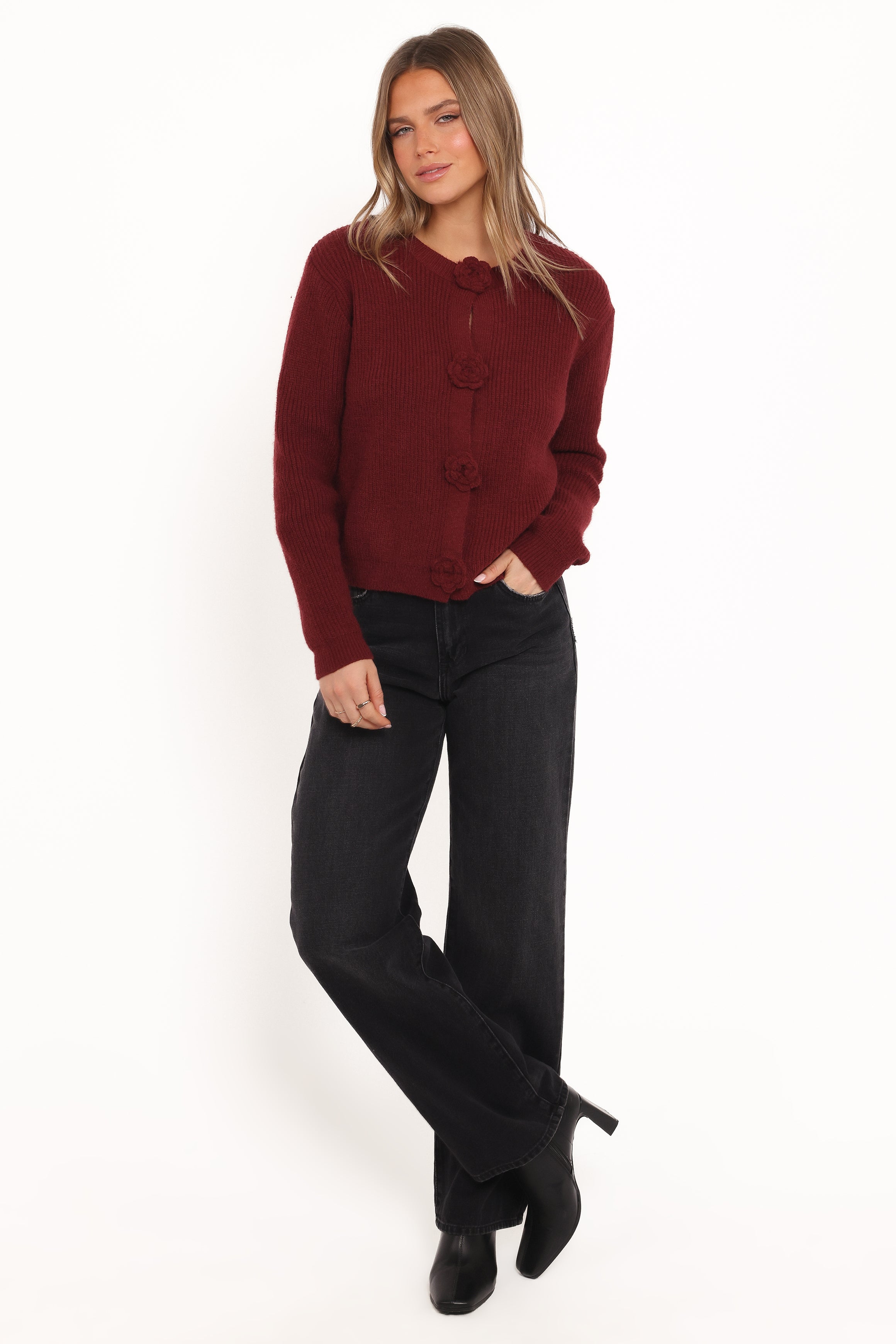 KNITWEAR Jones Rosette Cardigan - Burgundy