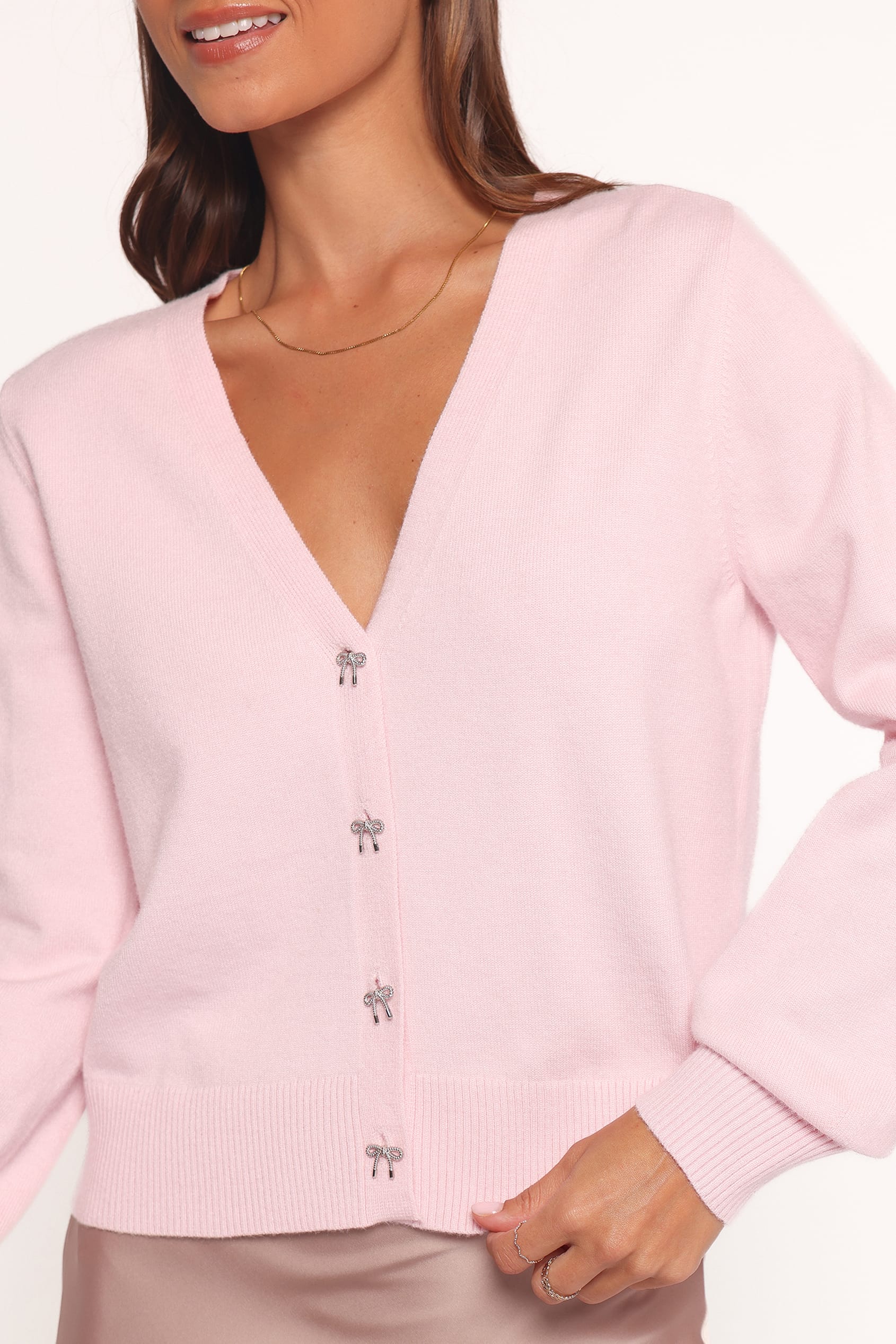 KNITWEAR Josey Bow Button Cardigan - Light Pink
