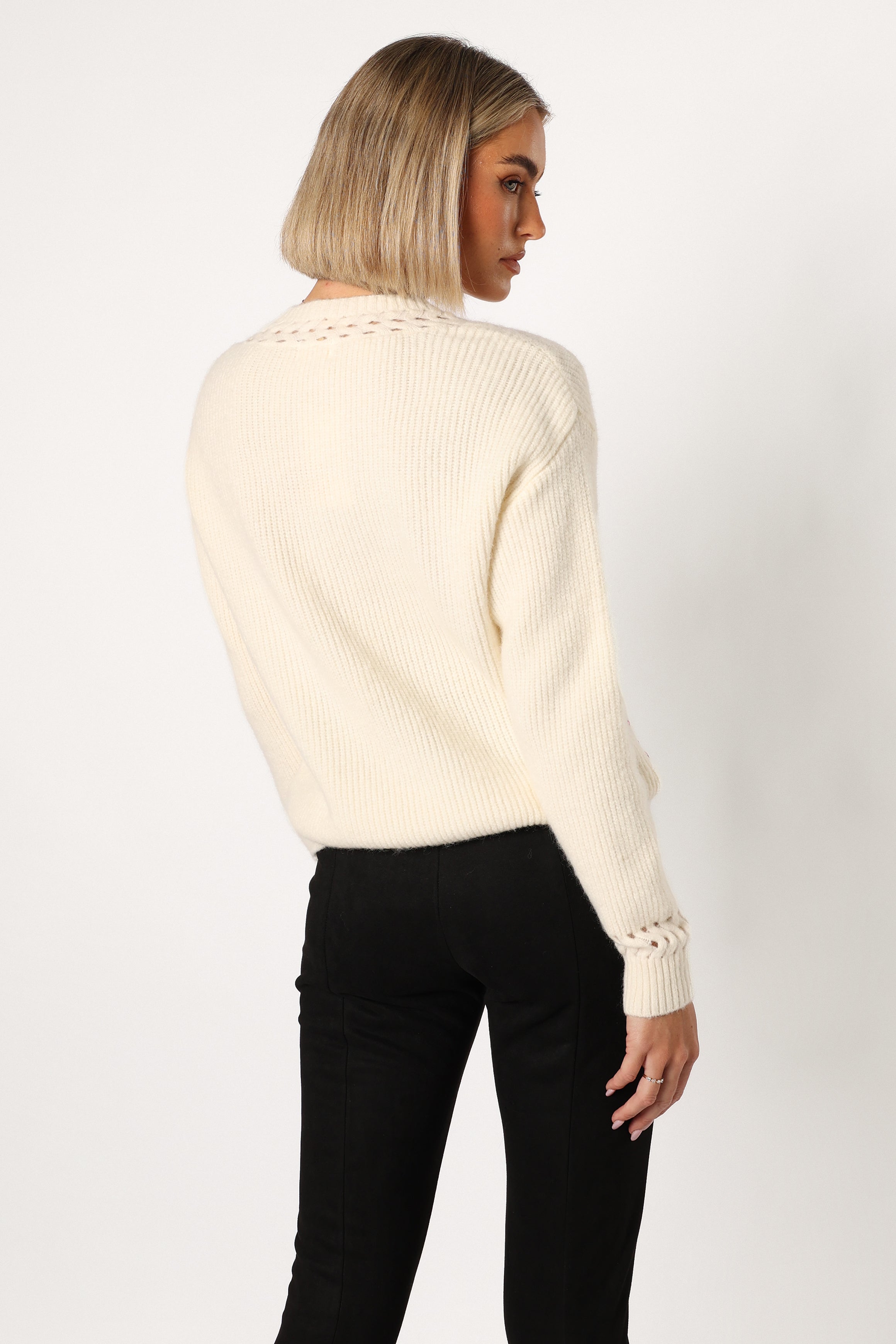 KNITWEAR @Journee Jewel Embellished V Neck Knit Sweater - Cream
