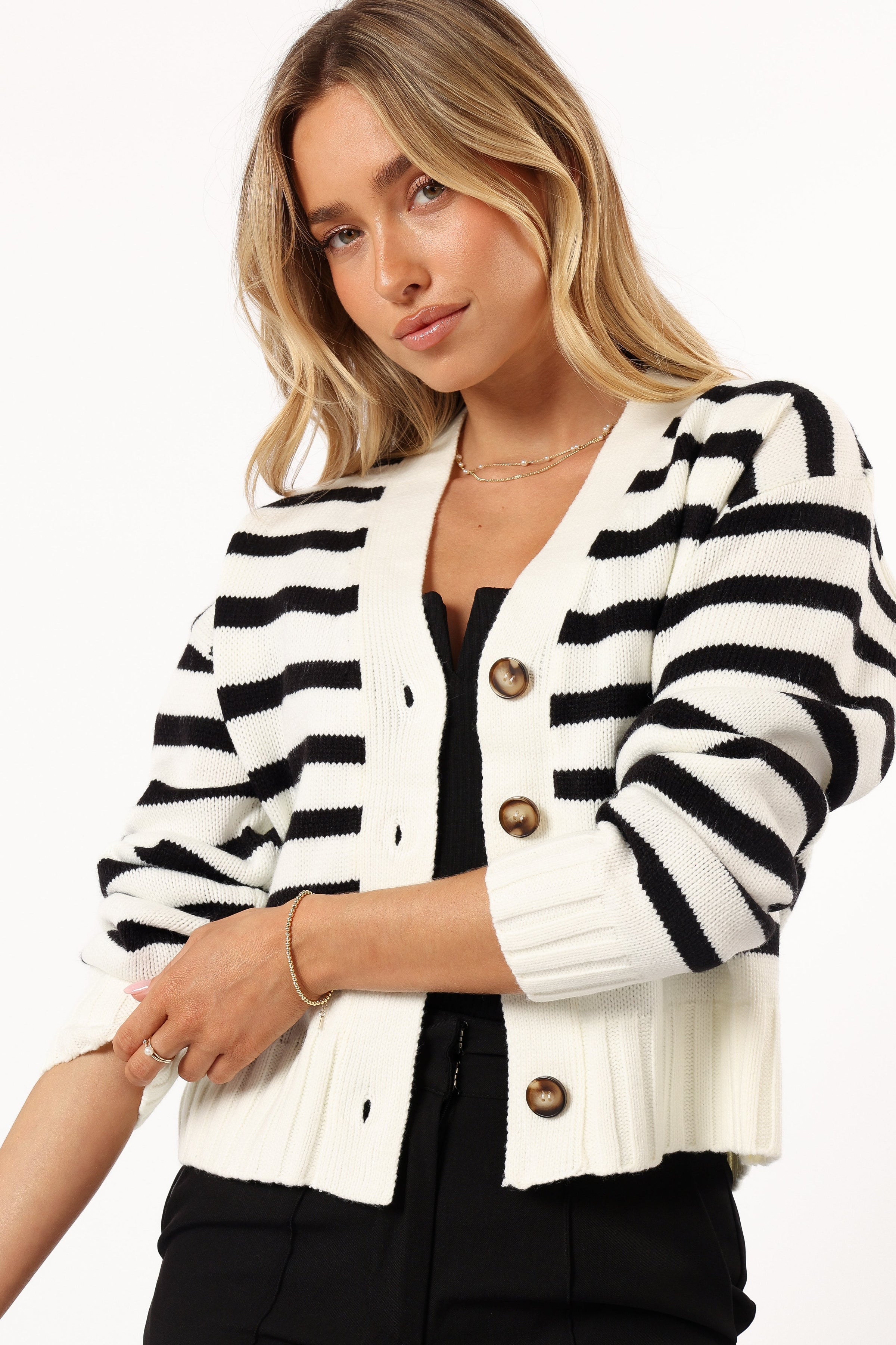 KNITWEAR Kallen Button Front Striped Cardigan - Cream/Black