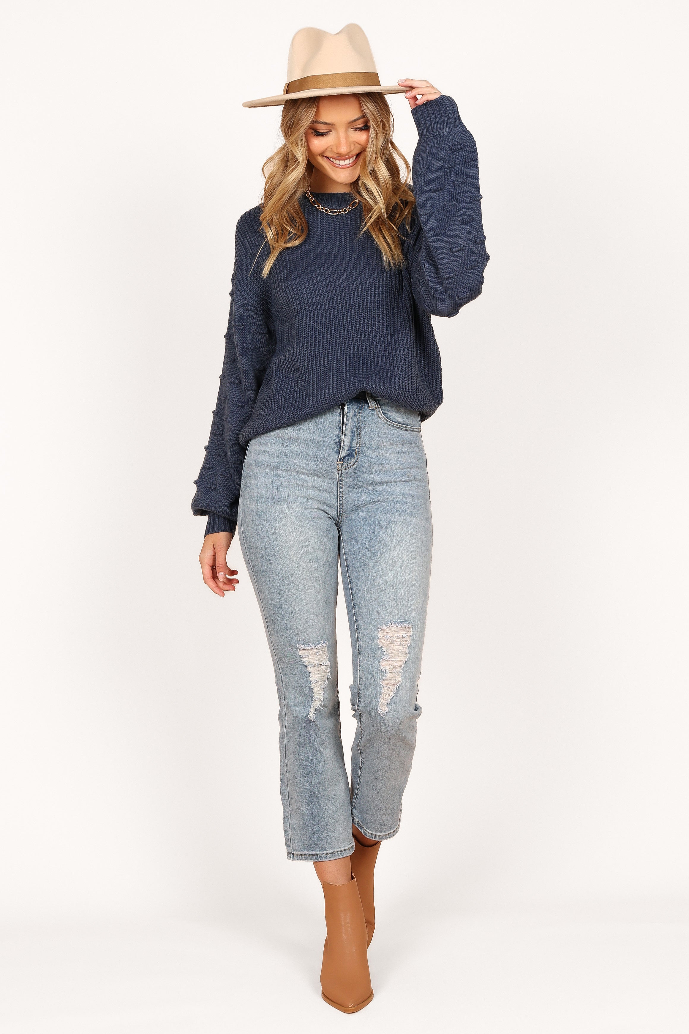 KNITWEAR Katrina Textured Sleeve Crewneck Knit Sweater - Midnight Blue