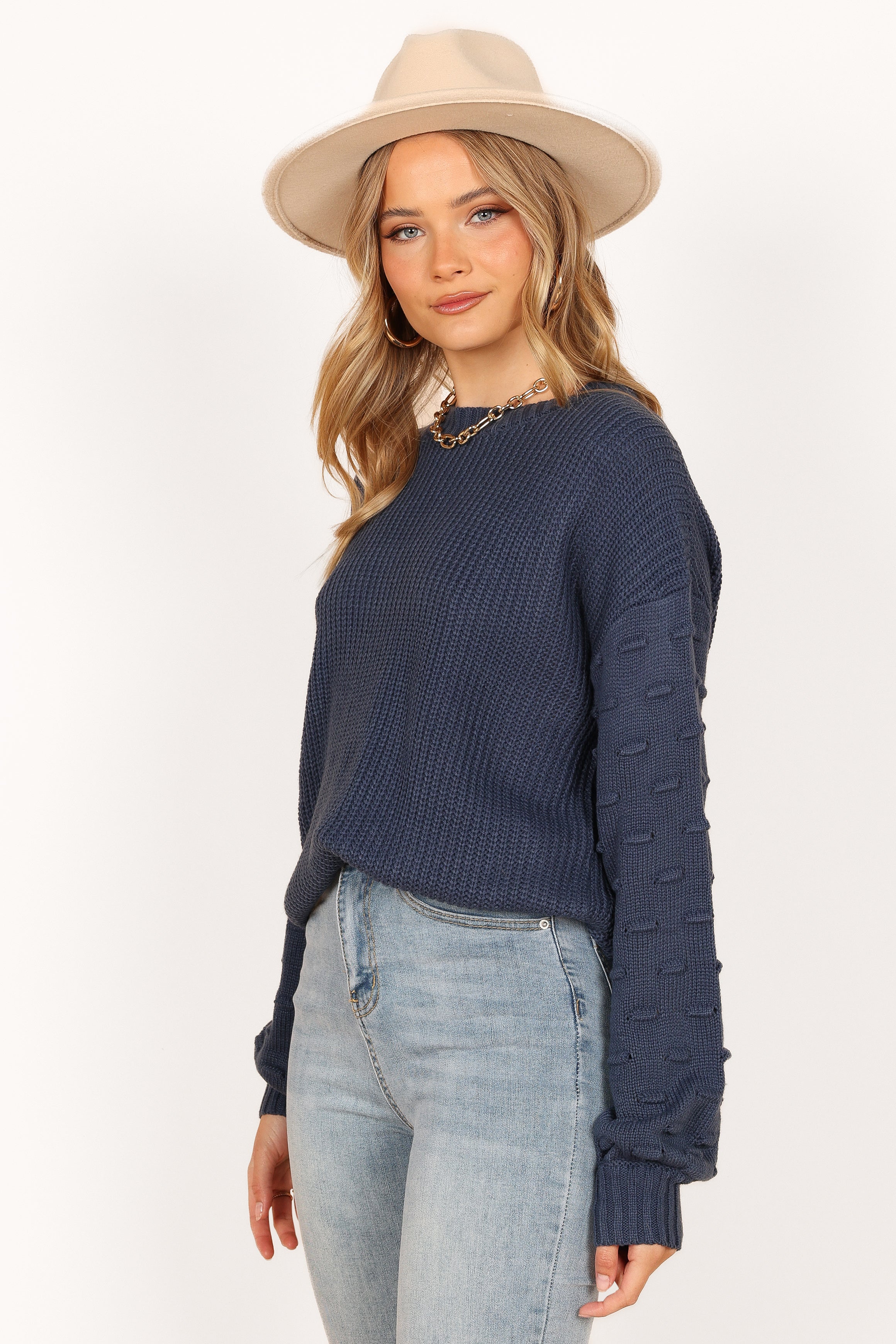 KNITWEAR Katrina Textured Sleeve Crewneck Knit Sweater - Midnight Blue