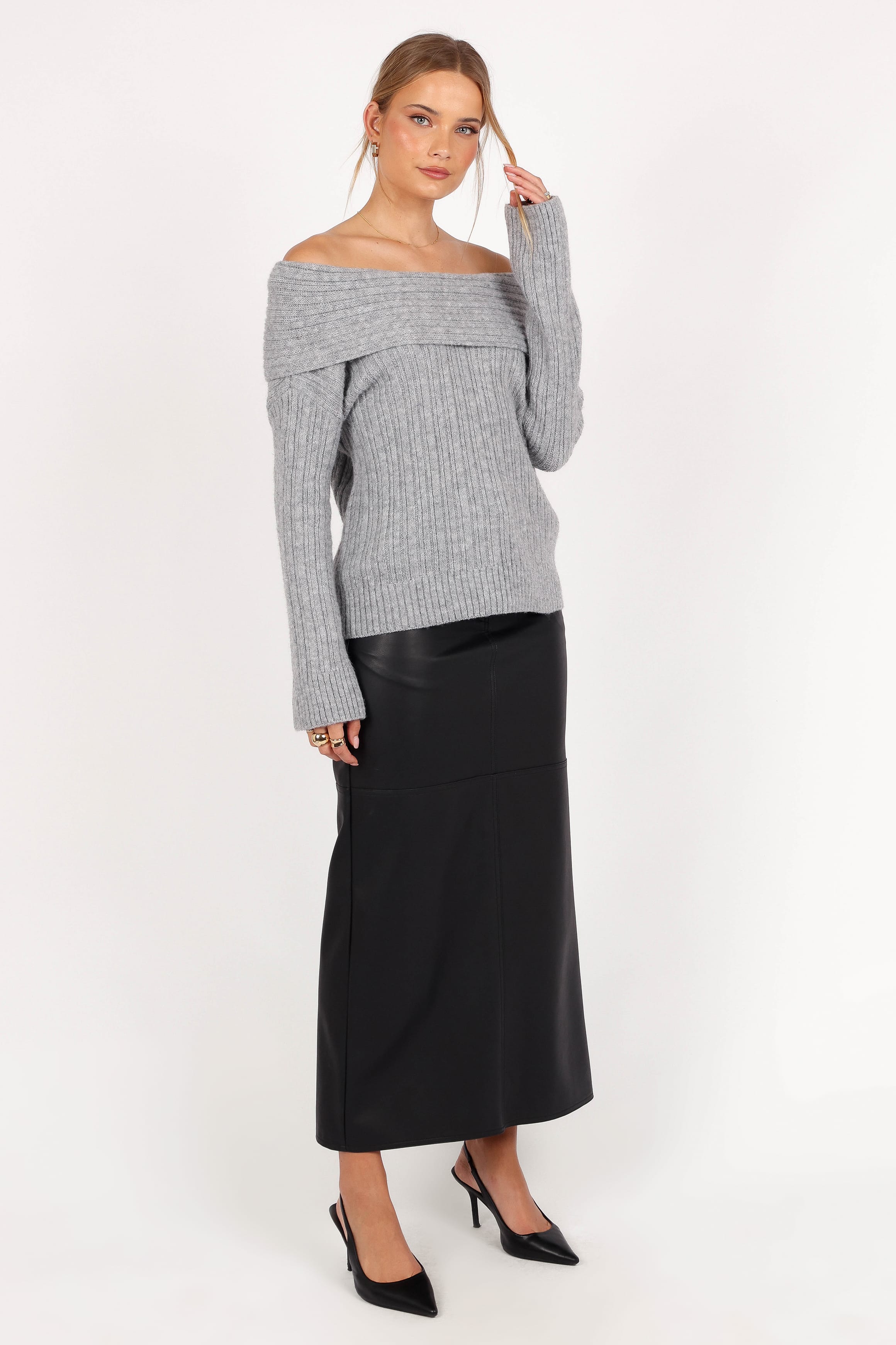 KNITWEAR Kenny Off Shoulder Knit Sweater - Grey