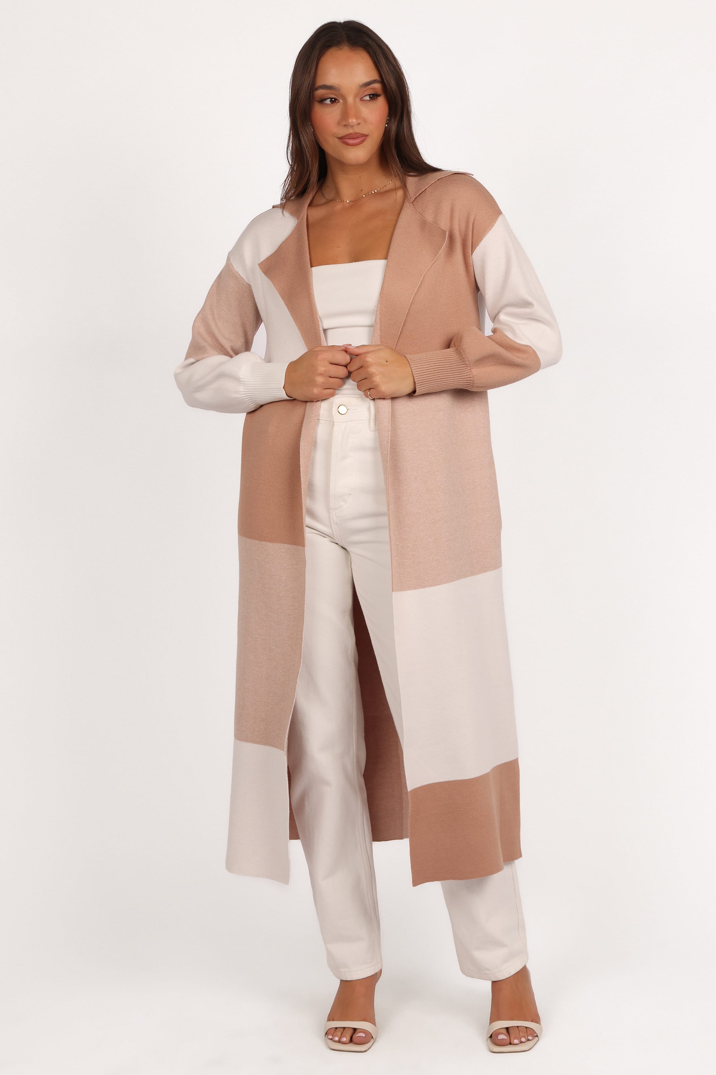 KNITWEAR Kingston Large Check Long Cardigan - Beige Check