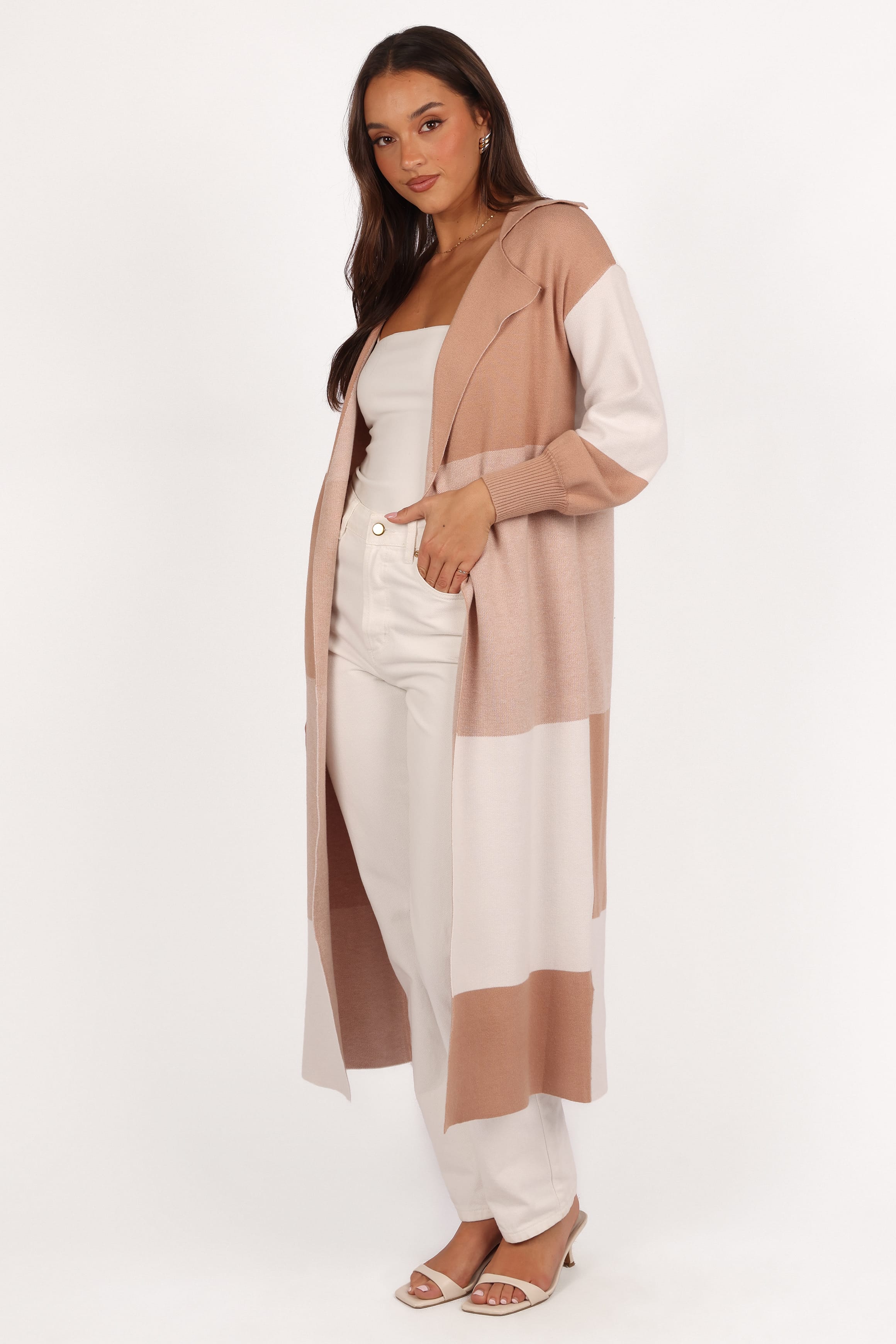 KNITWEAR Kingston Large Check Long Cardigan - Beige Check