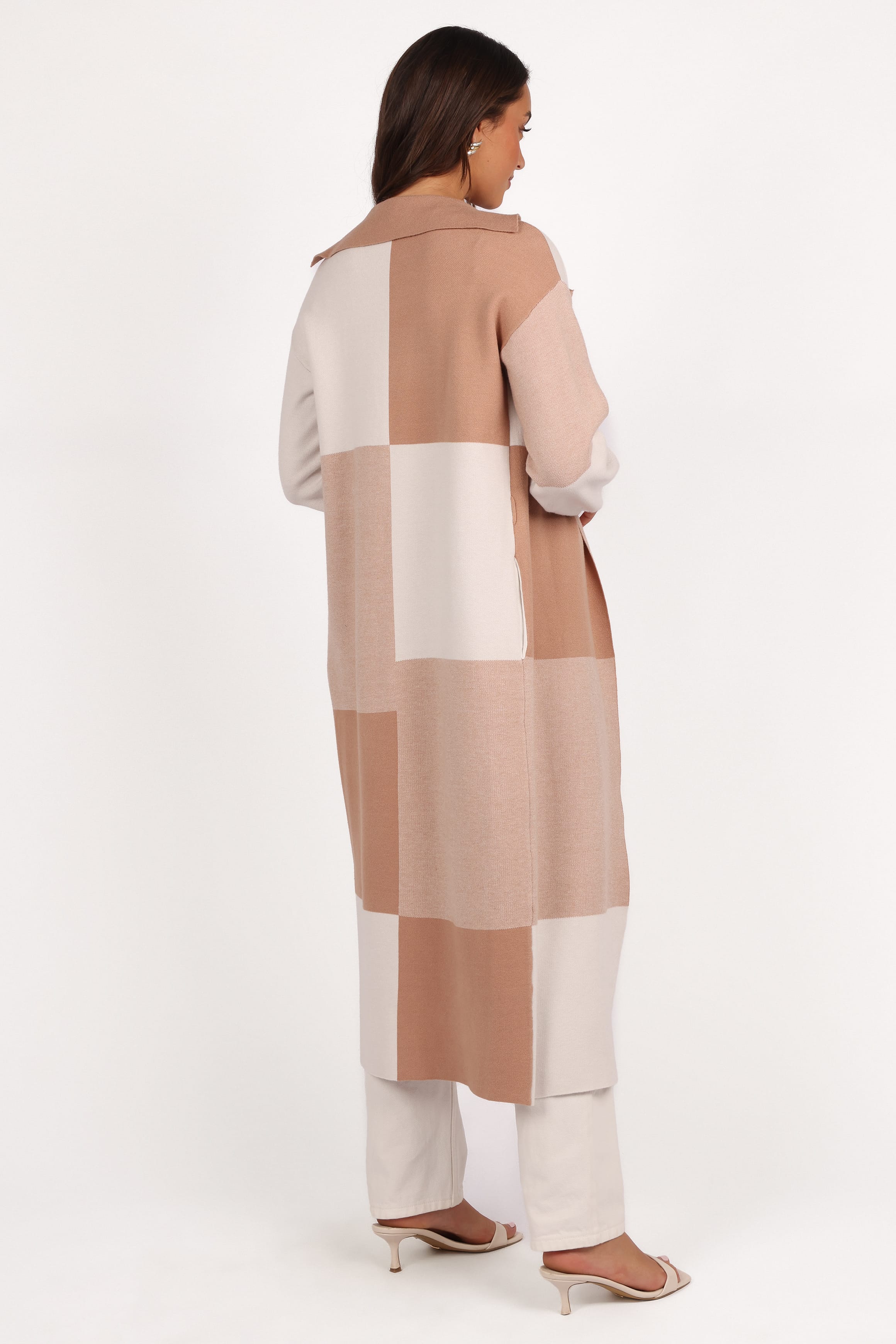 KNITWEAR Kingston Large Check Long Cardigan - Beige Check