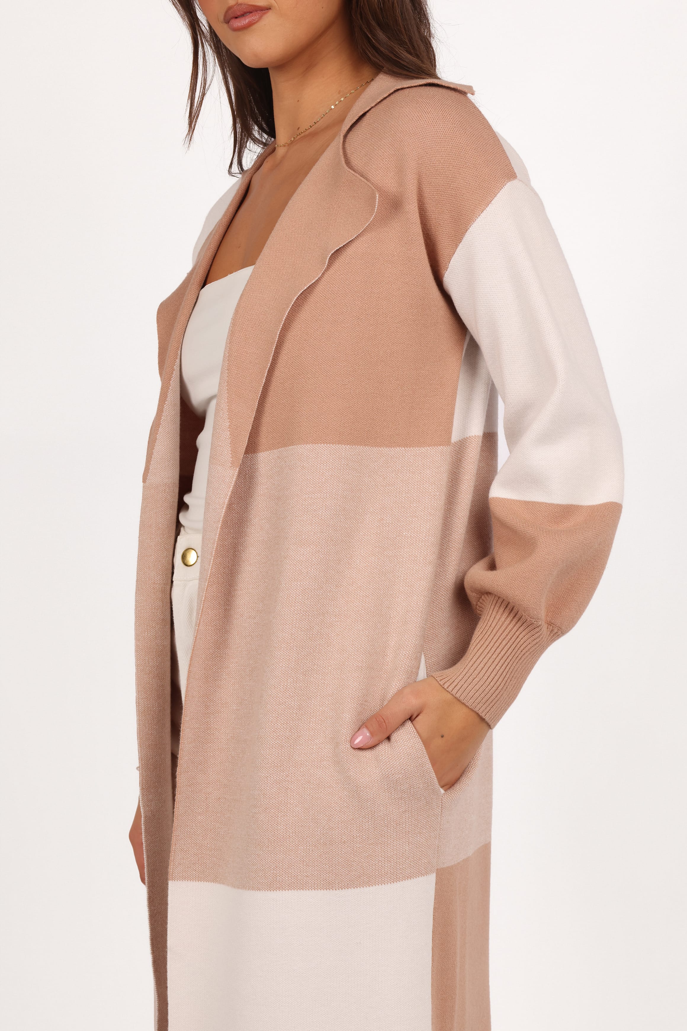 KNITWEAR Kingston Large Check Long Cardigan - Beige Check