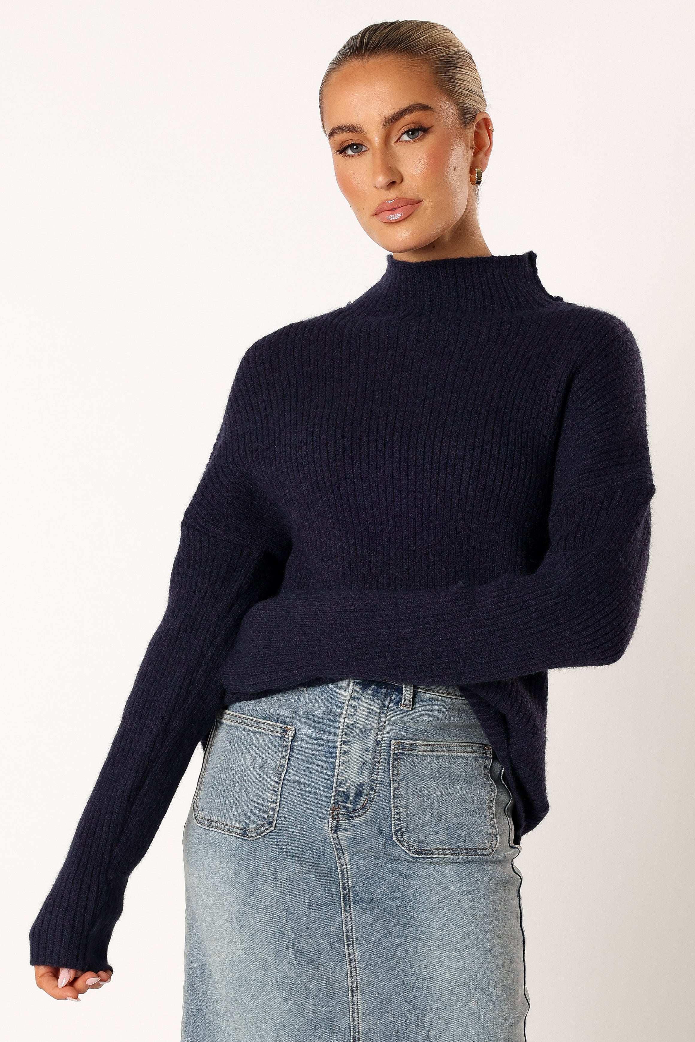 KNITWEAR @Kora Mock Neck Knit Sweater - Navy