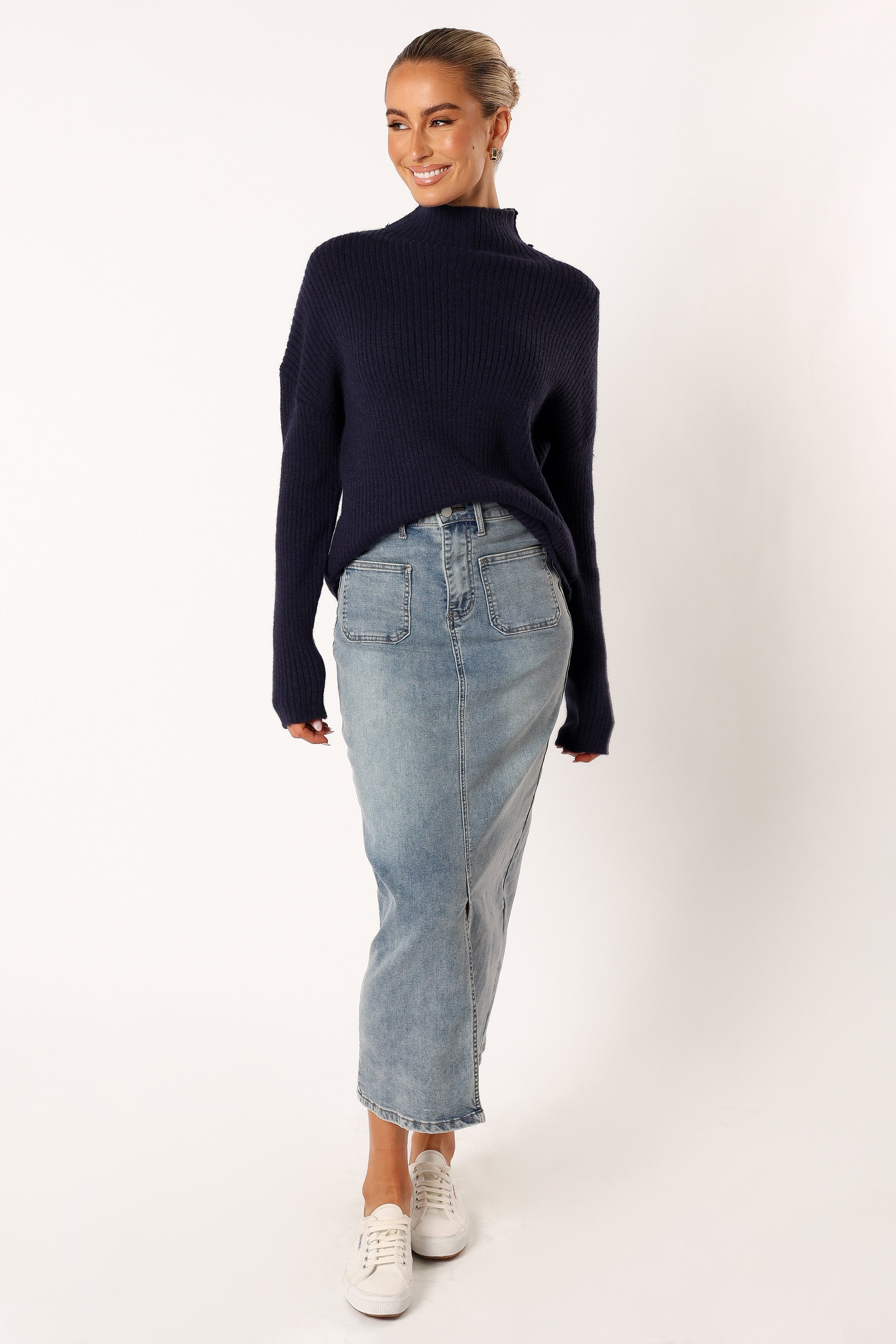 KNITWEAR @Kora Mock Neck Knit Sweater - Navy