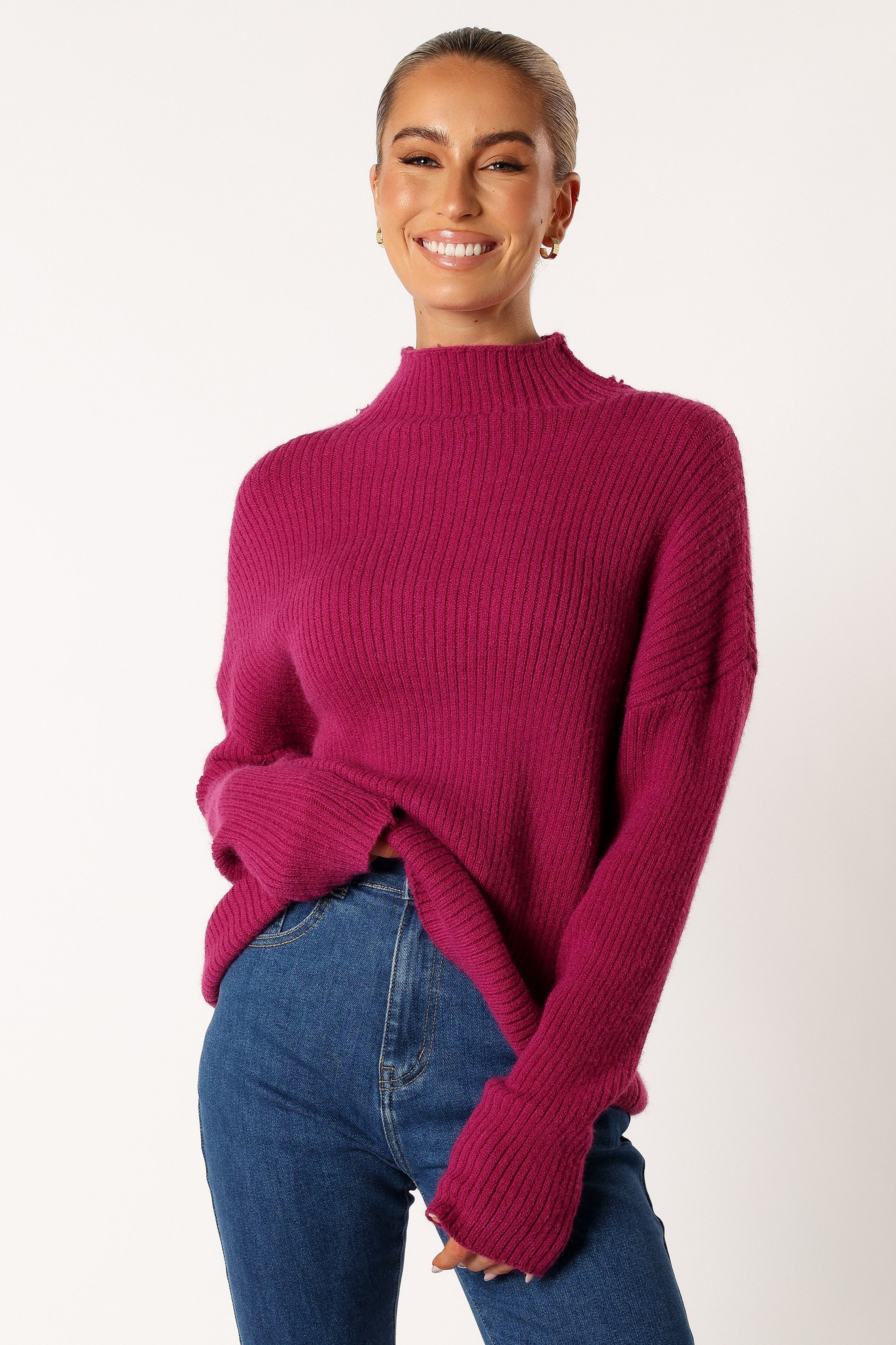 KNITWEAR @Kora Mock Neck Knit Sweater - Plum