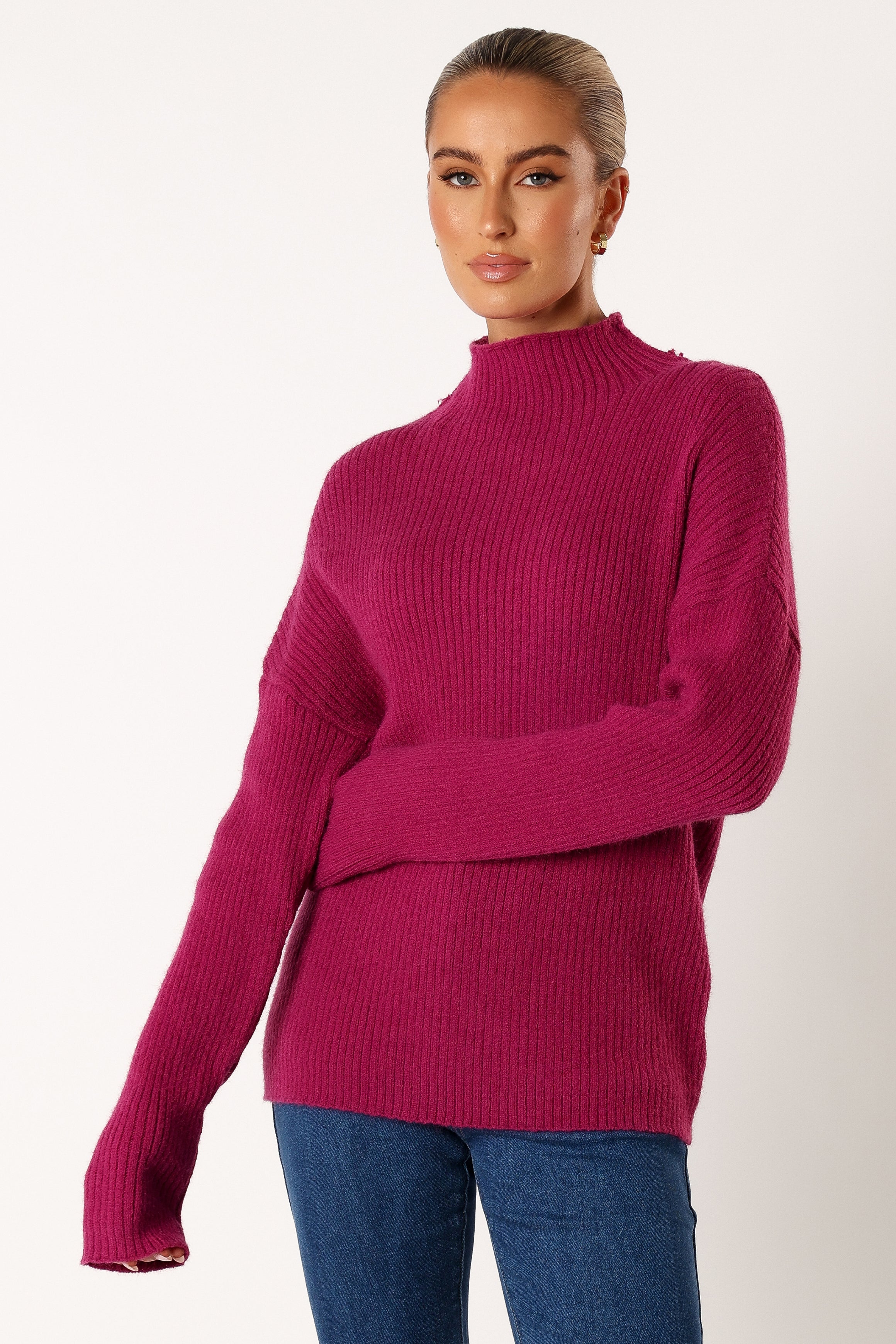 KNITWEAR @Kora Mock Neck Knit Sweater - Plum