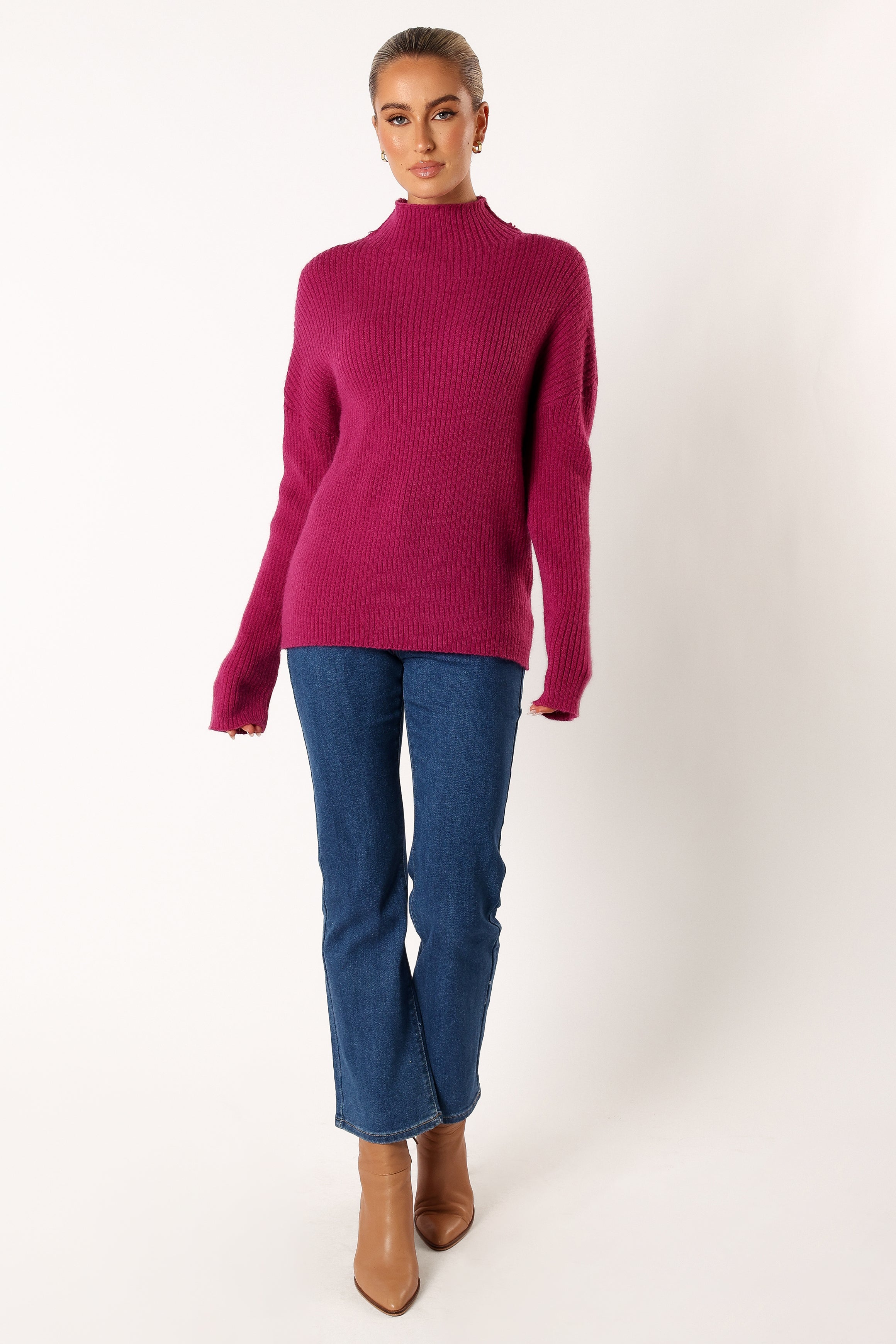 KNITWEAR @Kora Mock Neck Knit Sweater - Plum