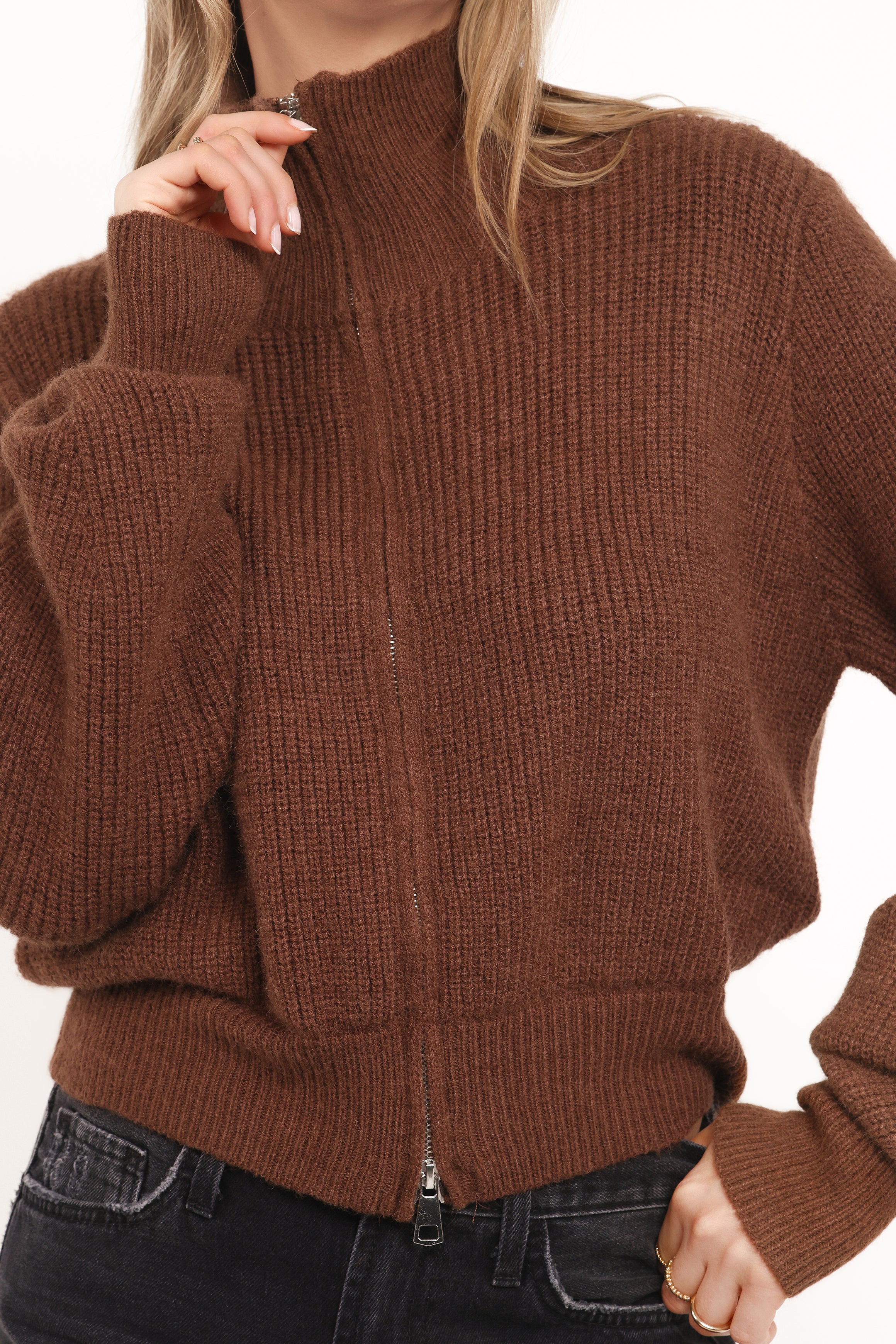 KNITWEAR Kourtney Zip Cardigan - Brown