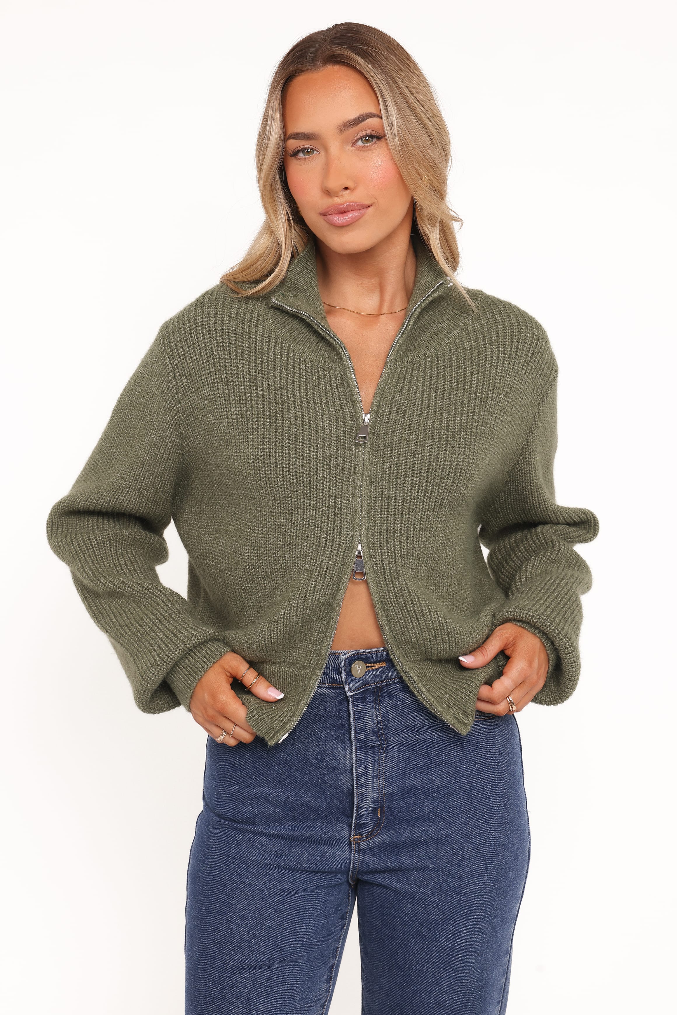 KNITWEAR Kourtney Zip Cardigan - Olive