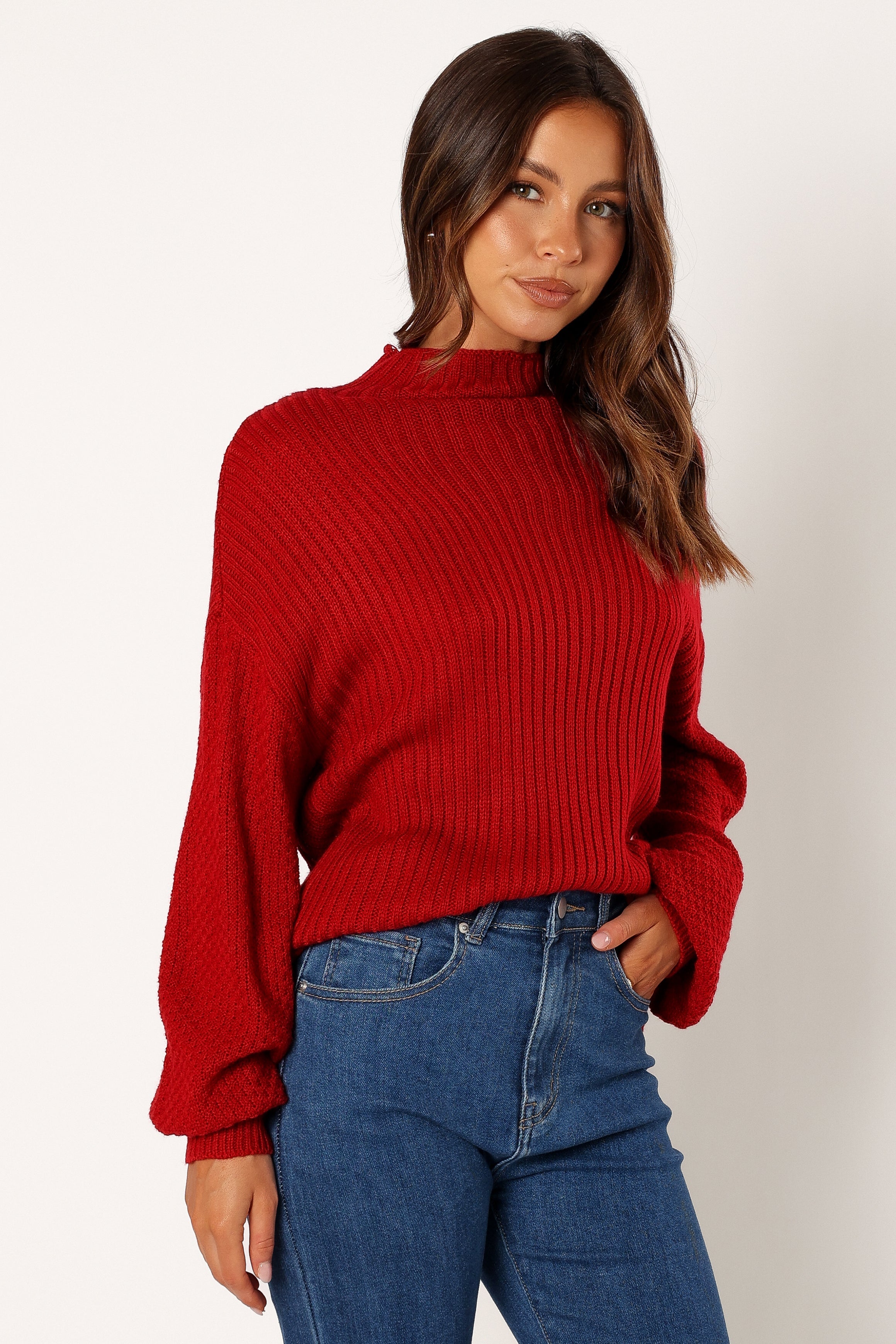 KNITWEAR @Lorelei Textured Sleeve Knit Sweater - Red