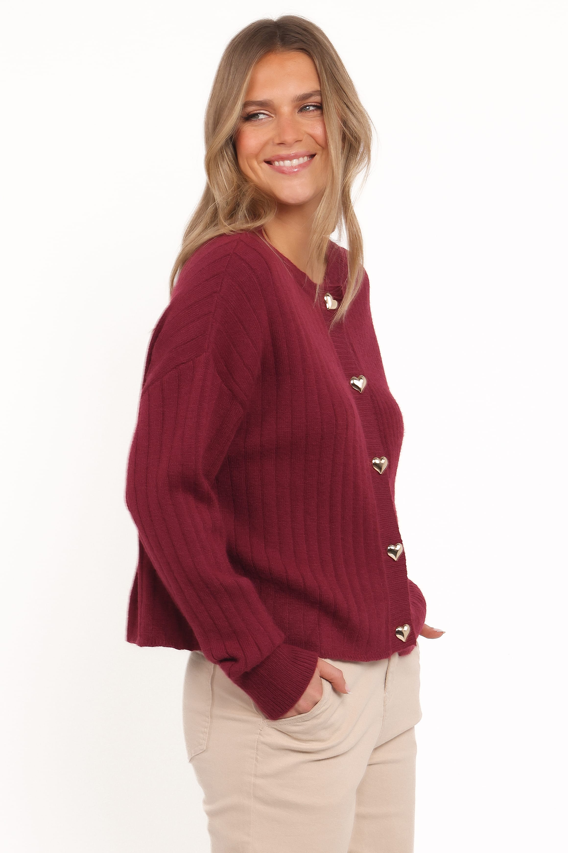 KNITWEAR Loulani Heart Button Cardigan - Cherry