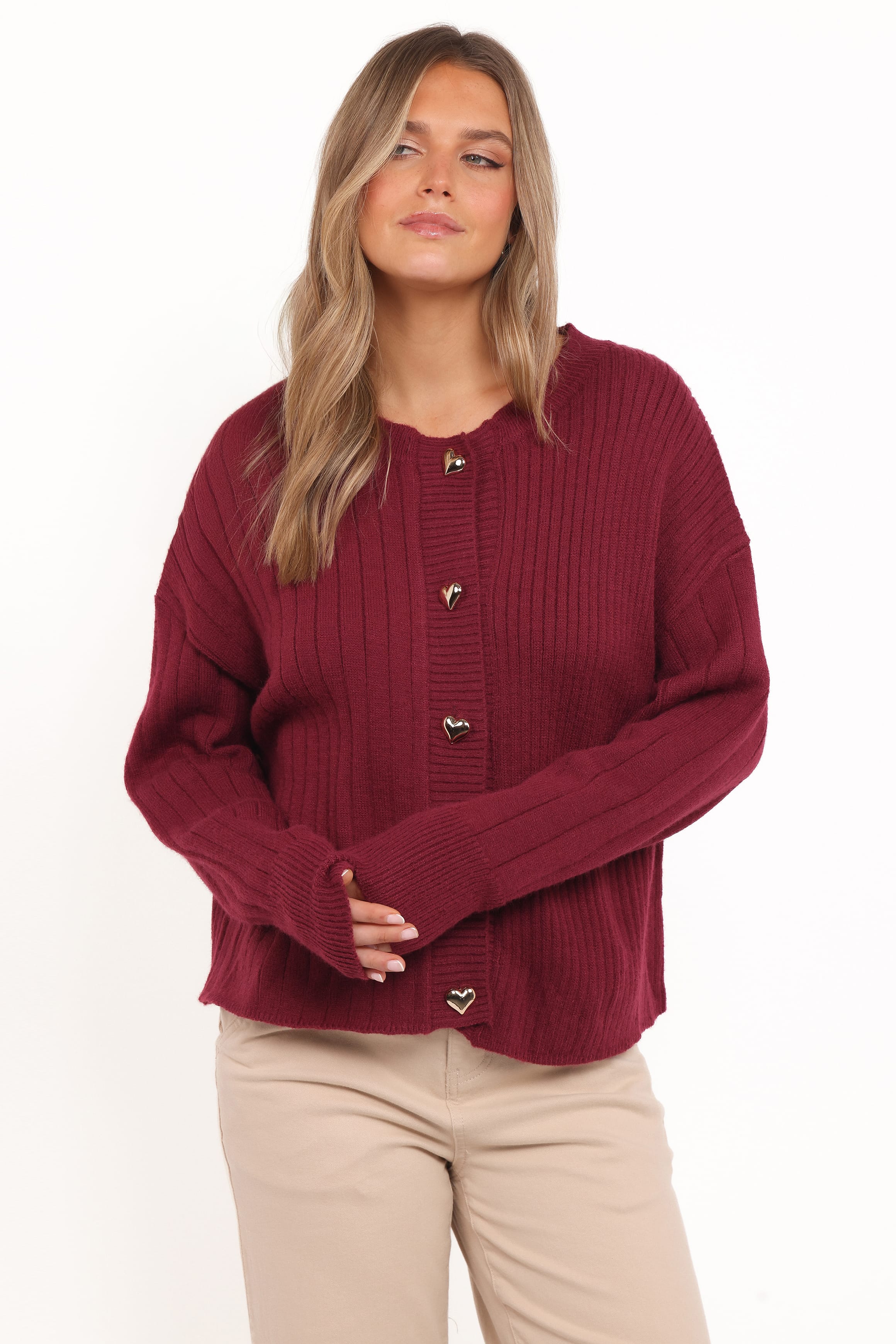 KNITWEAR Loulani Heart Button Cardigan - Cherry