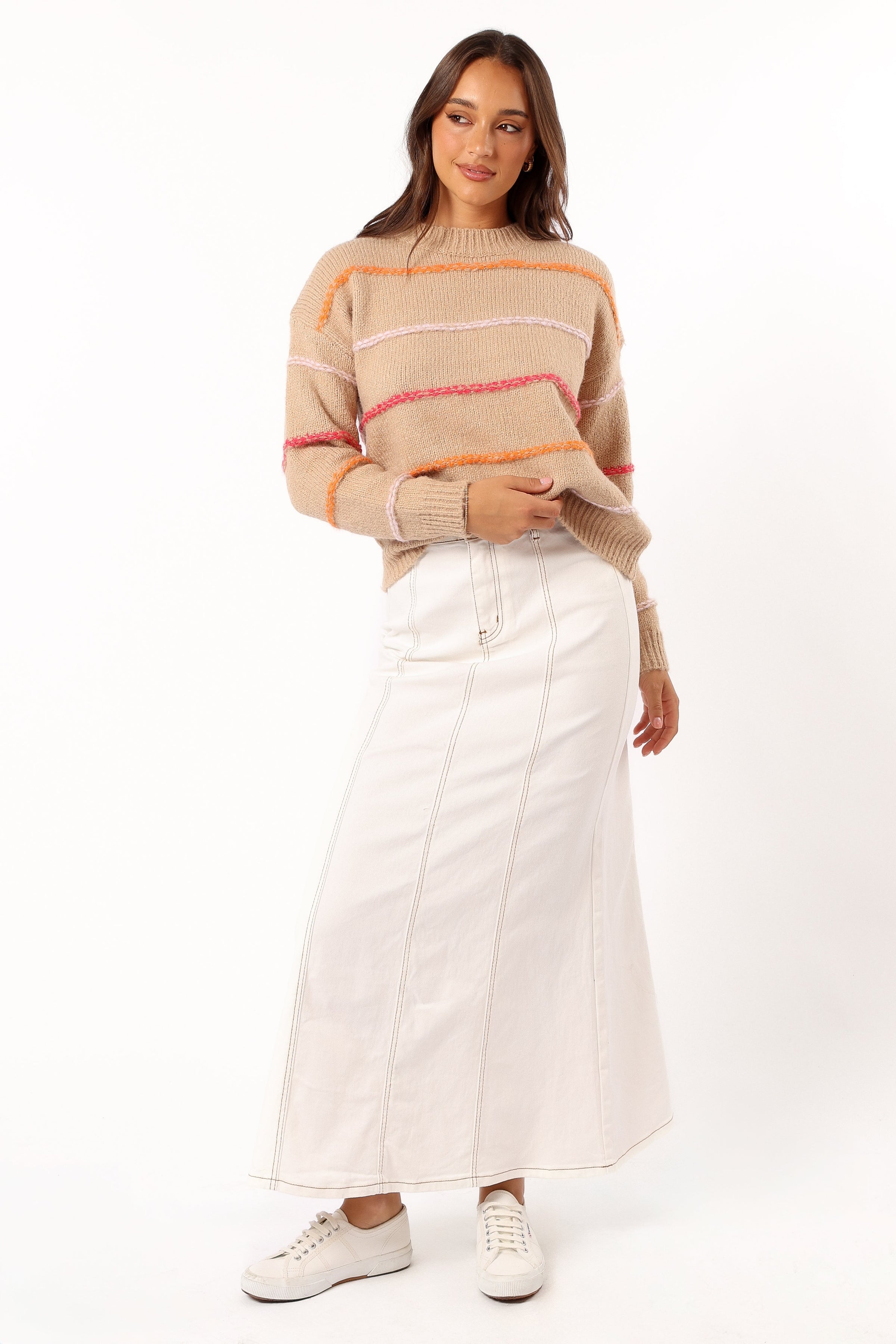 KNITWEAR Lyla Multi Color Stripe Knit Sweater - Camel