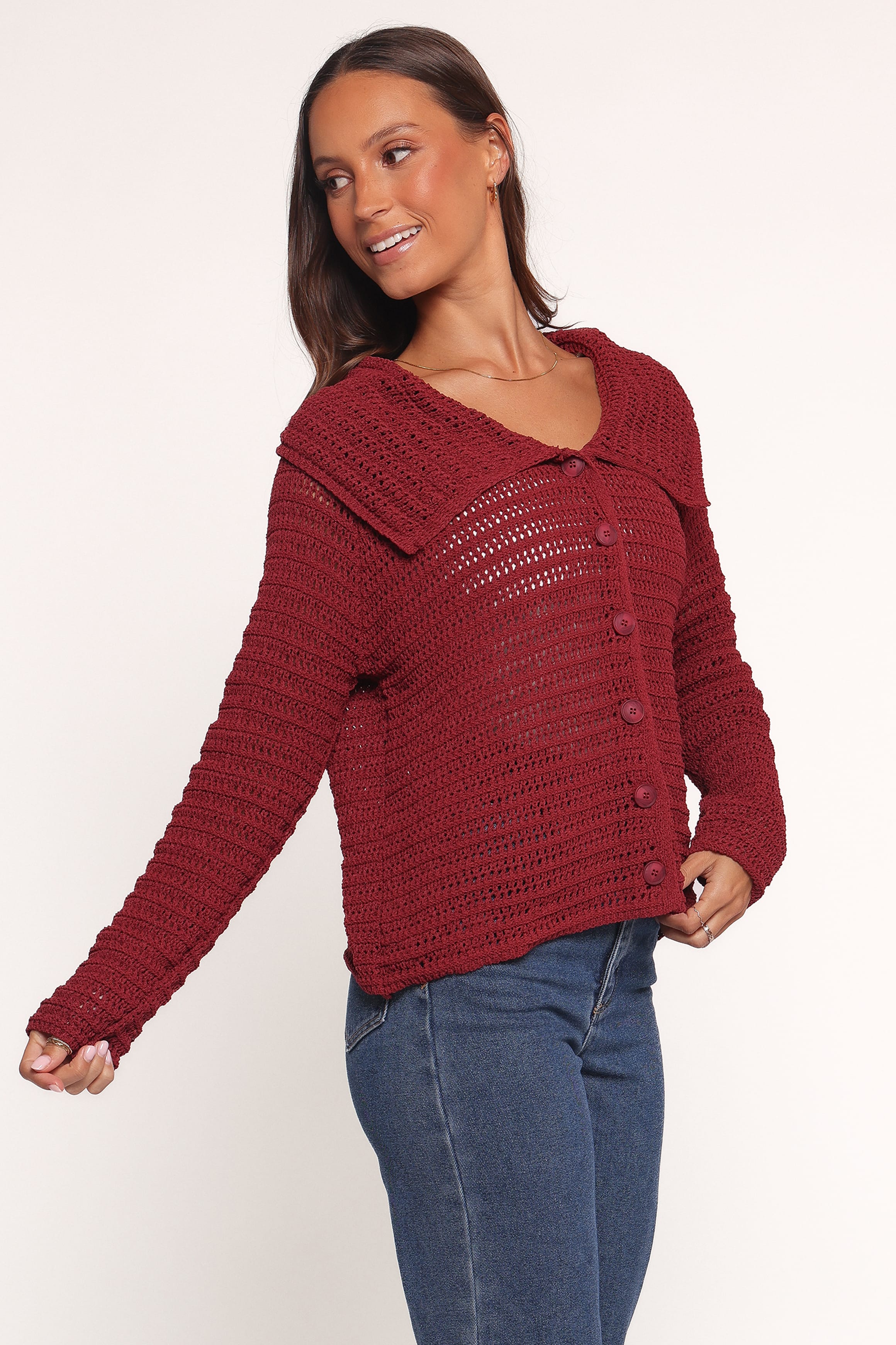 KNITWEAR Lyra Large Collar Cardigan - Burgundy